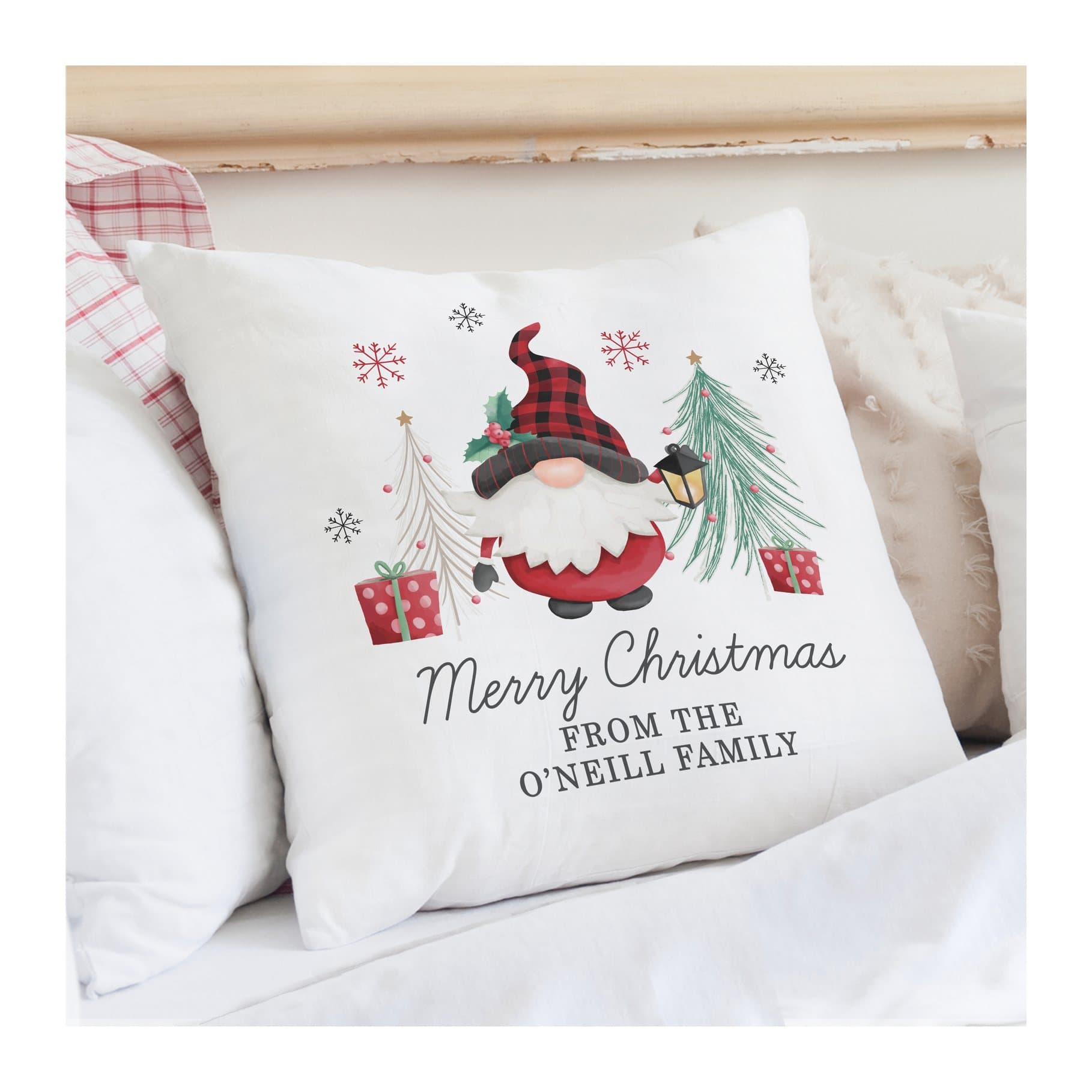 Gonk Christmas cushion with personalised lines of text