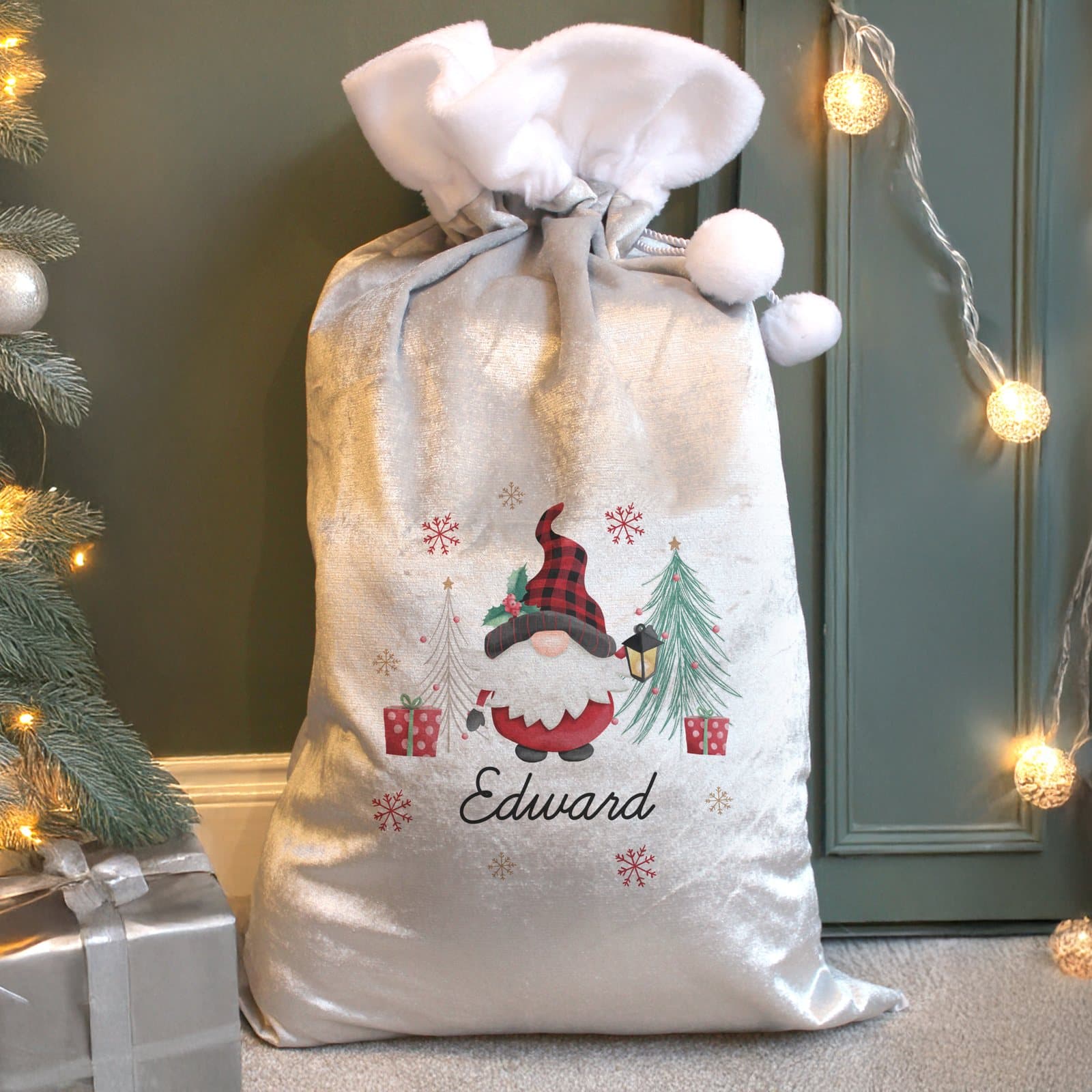 Grey fleece Gonk Christmas sack with an elasticated opening