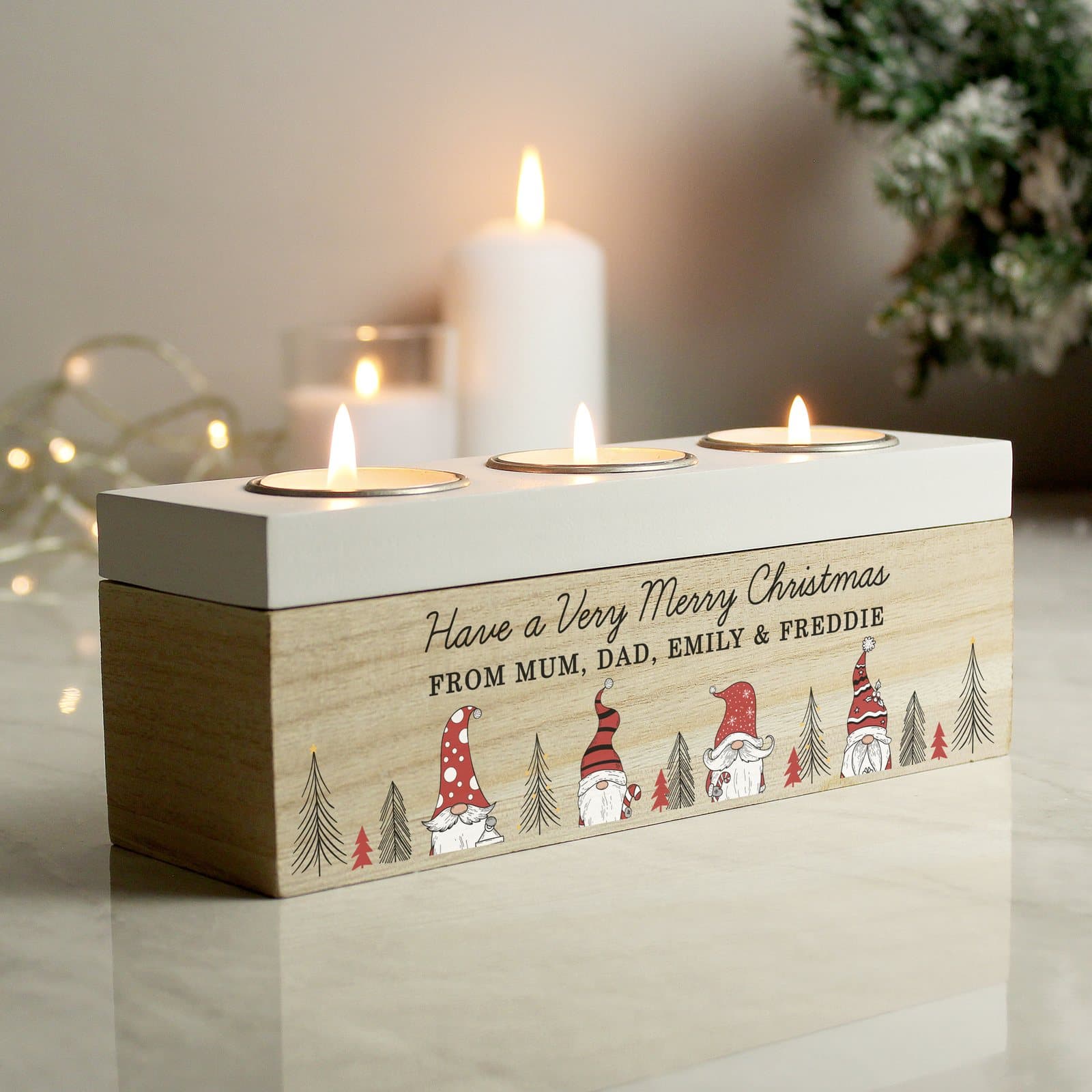 Wooden shabby chic gonk box with a lid that holds three tea lights