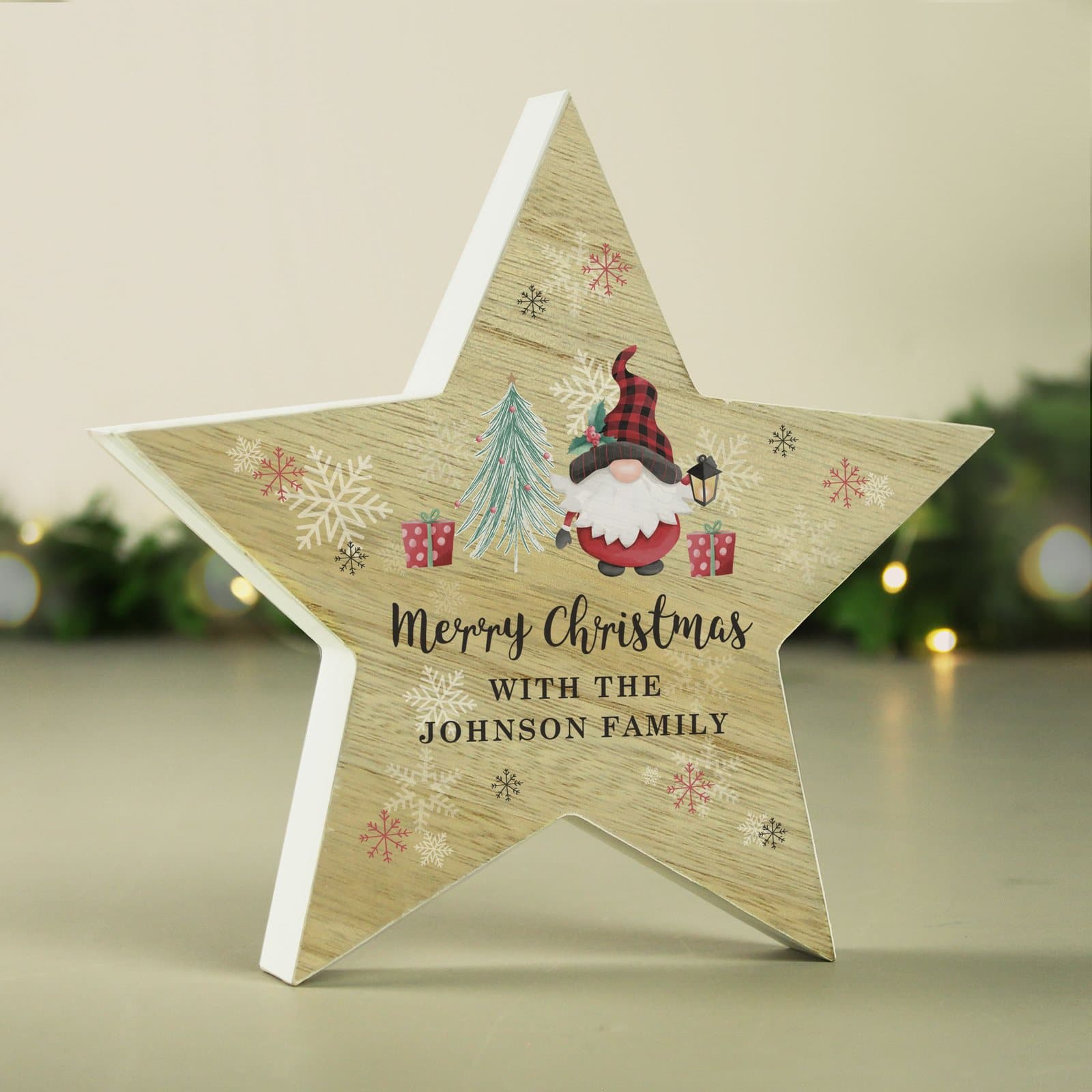 Wooden star ornament with a gonk design and three lines of personalised text