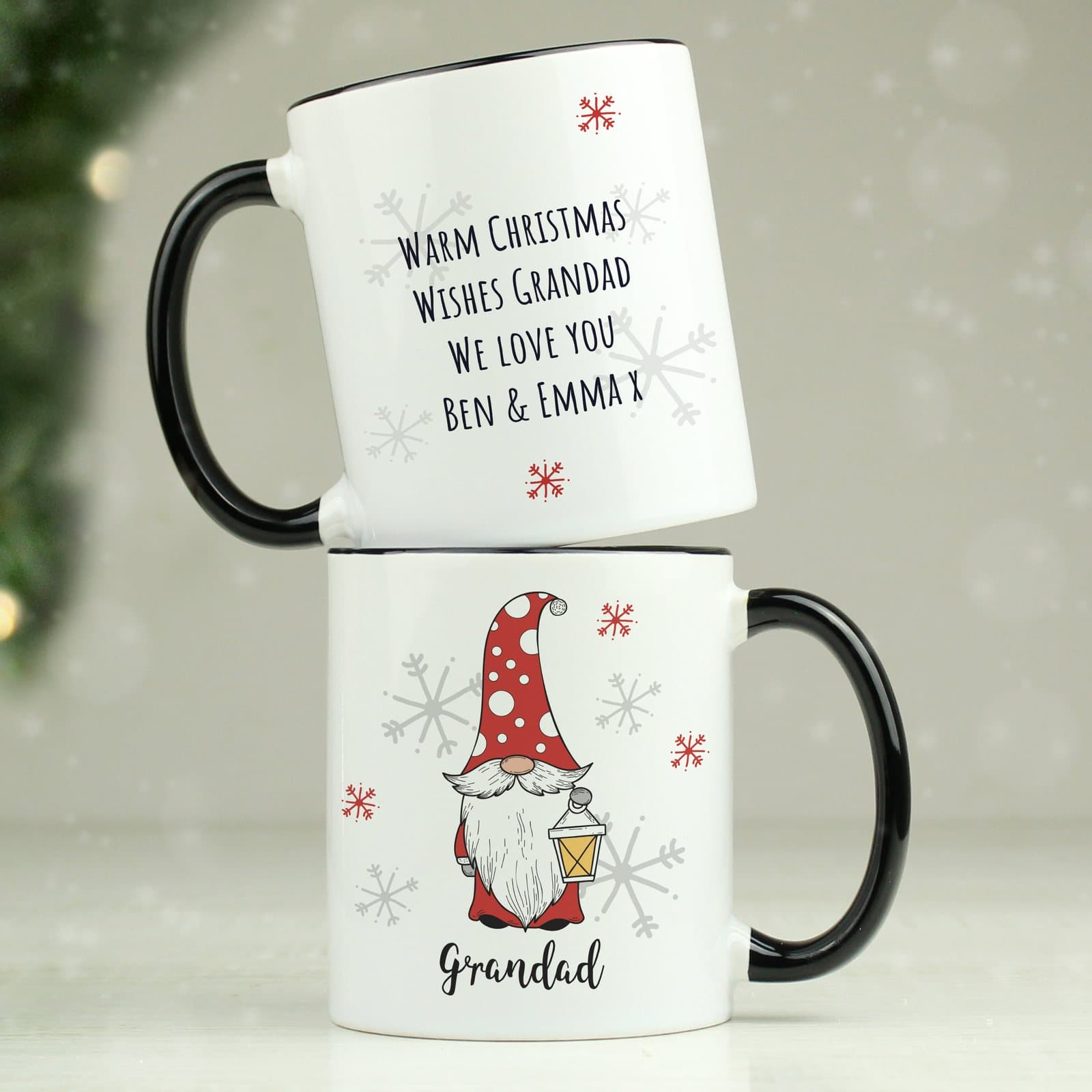 Gonk family Christmas mug with a black handle, personalised with a name