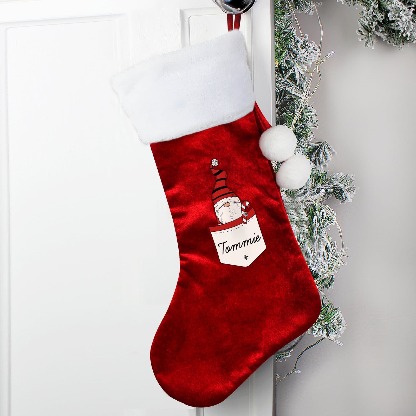 Red velvet Gonk Christmas stocking with a plush white cuff