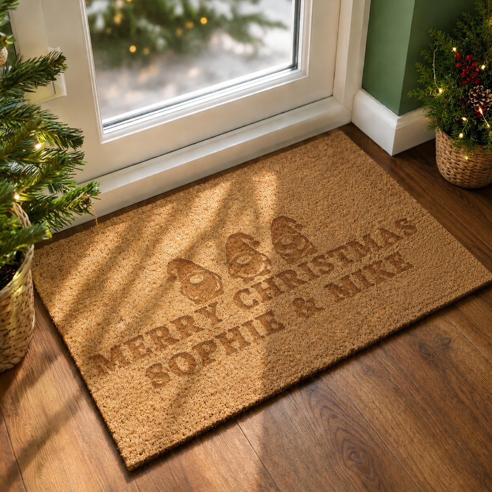 Rectangle indoor doormat with a festive Gonk design