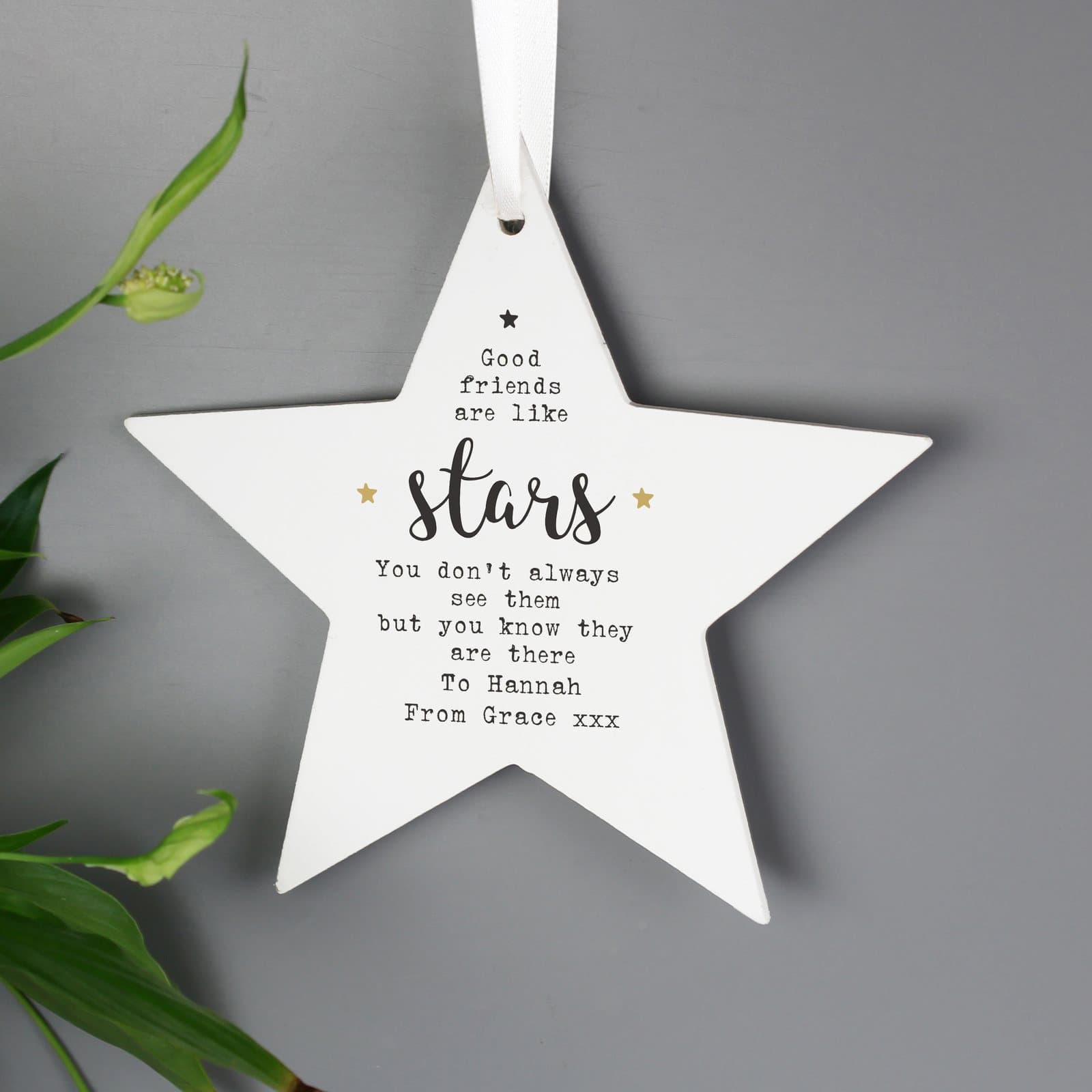 Personalised good friends wooden star decoration with ribbon