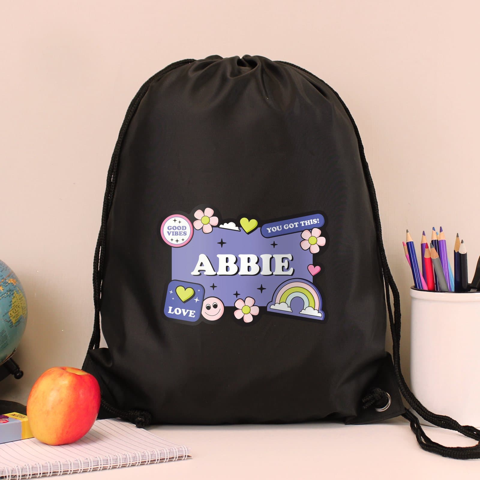Black good vibes drawstring kit bag with shoulder straps
