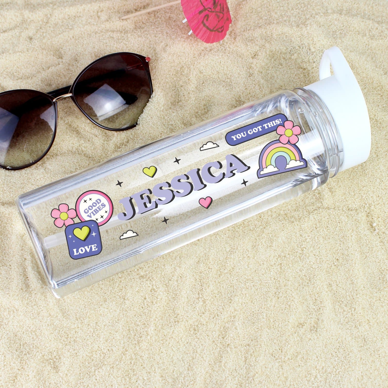 Personalised good vibes water bottle with white twist-on lid and straw spout