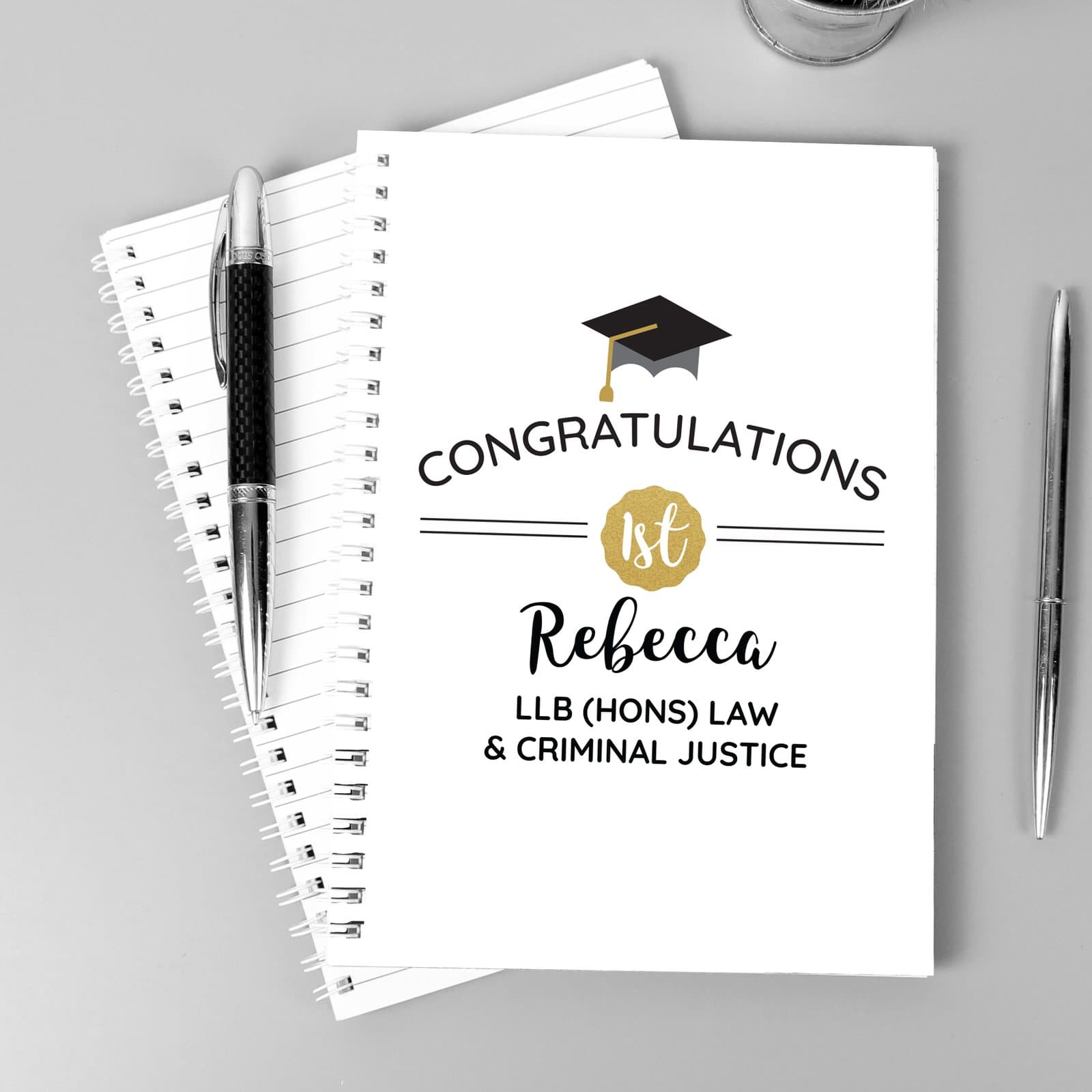 Personalised graduation A5 hardback notebook with grade and lines of text