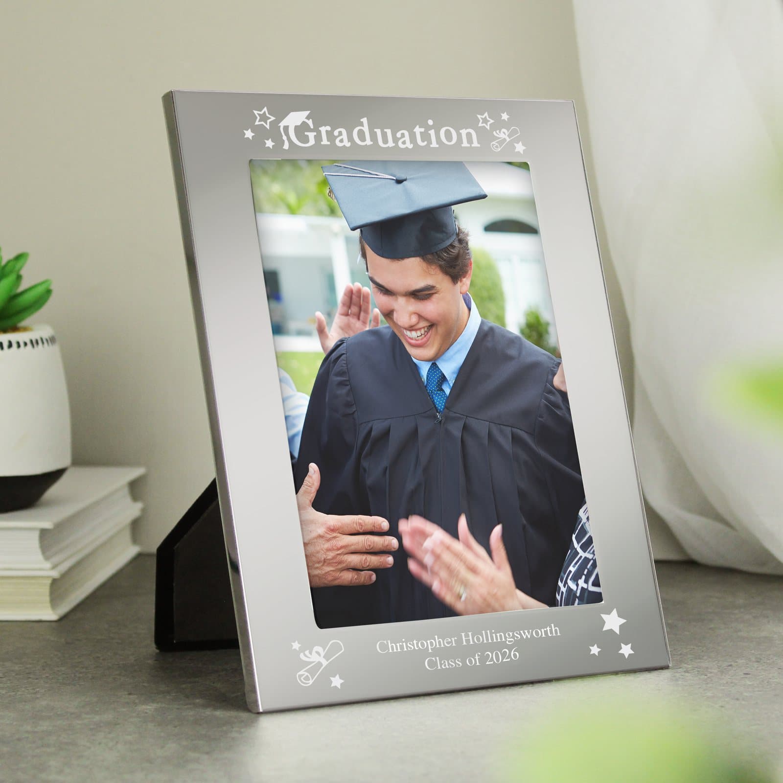 Personalised Confetti graduation photo frame in mirrored glass with a message