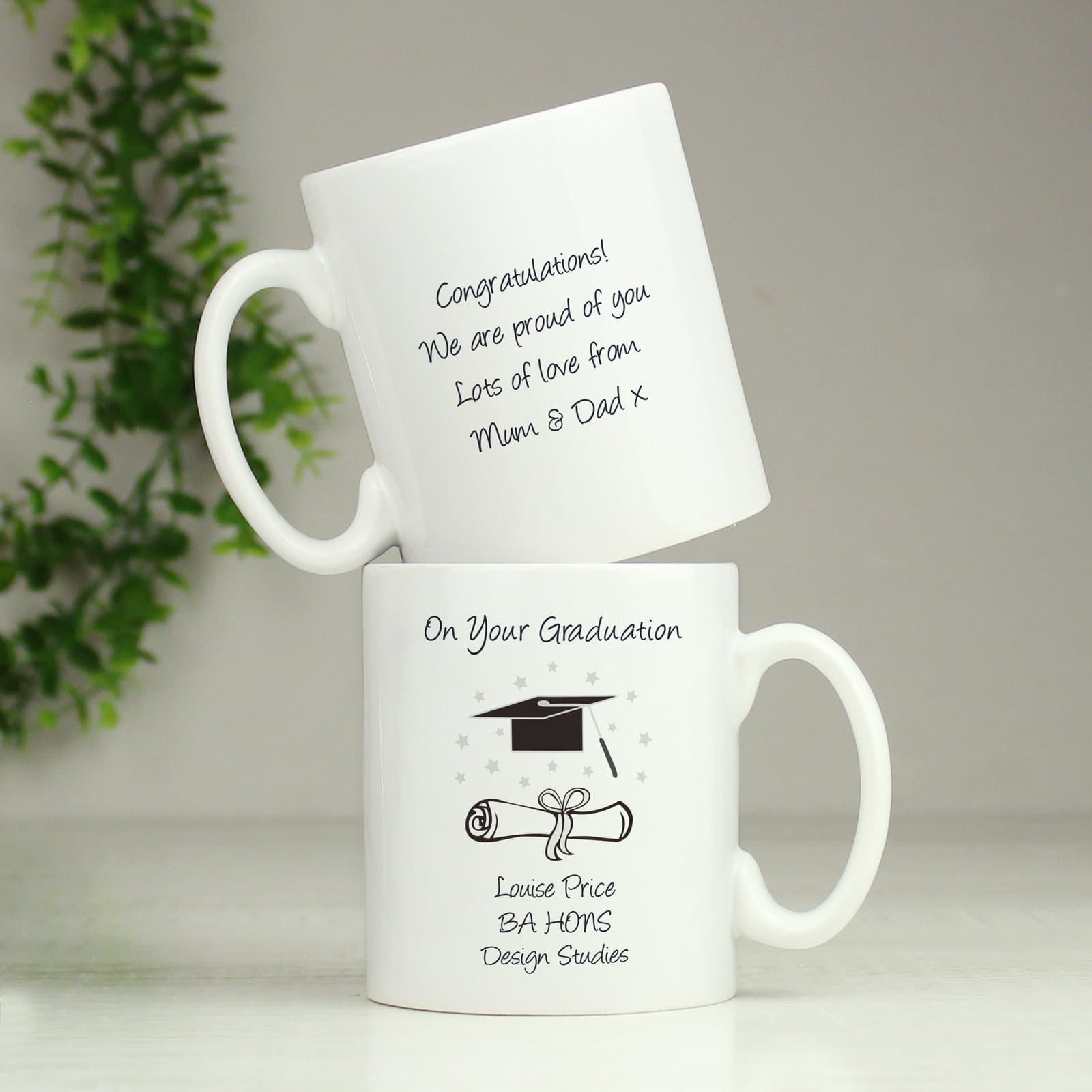 Ceramic graduation mug personalised with name, date and degree