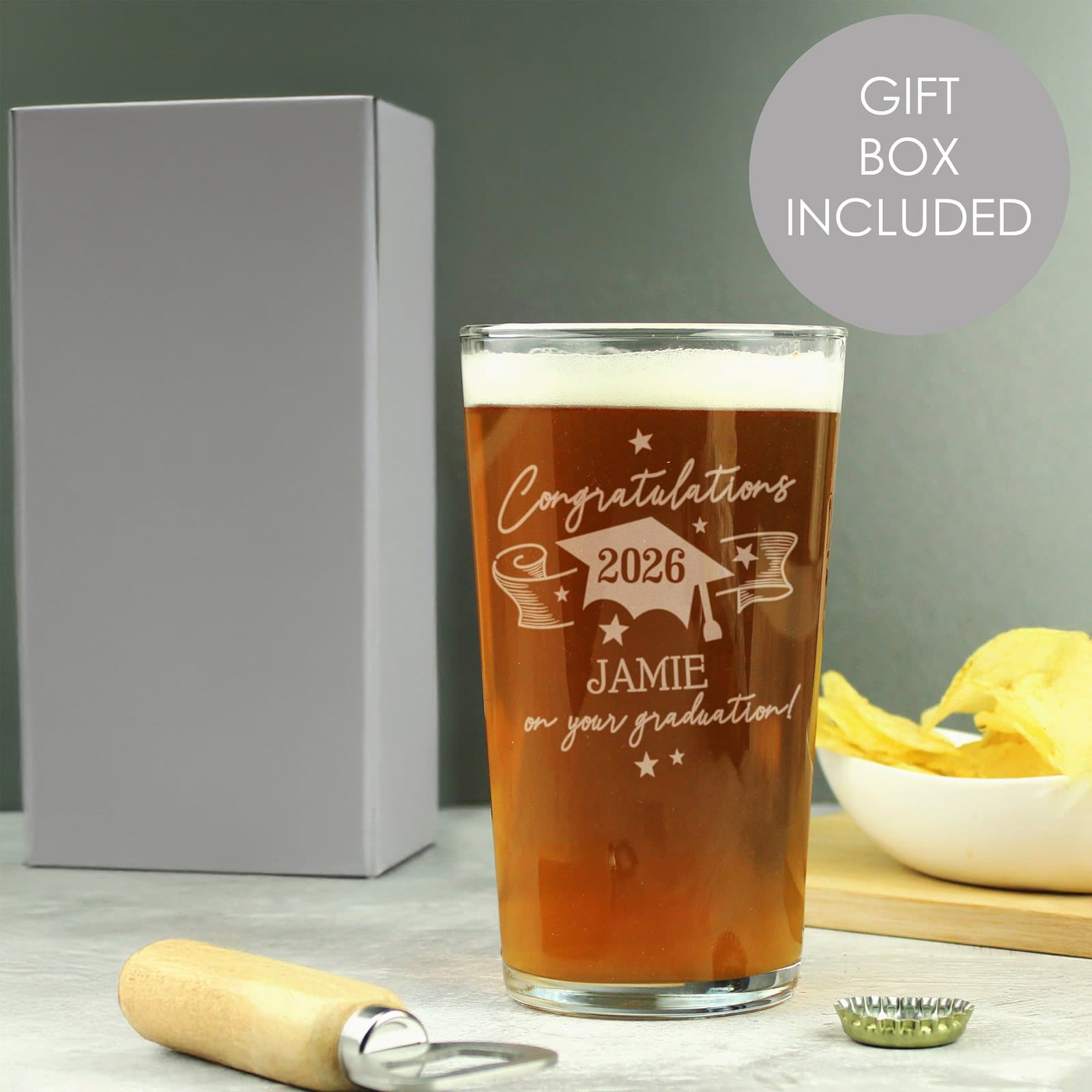 Personalised graduation pint glass with Congratulations wording, year and name