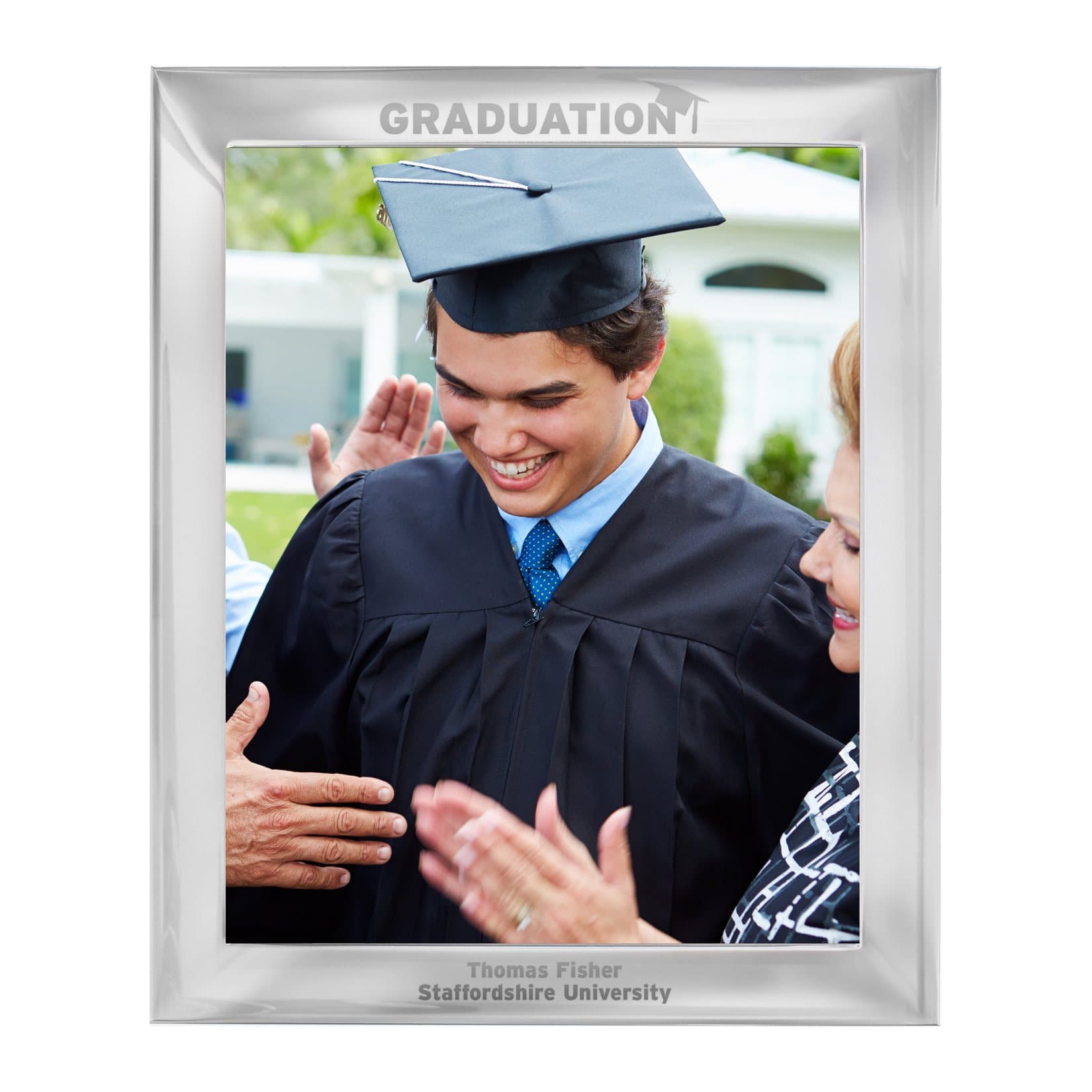 Silver personalised graduation photo frame with a message at the bottom