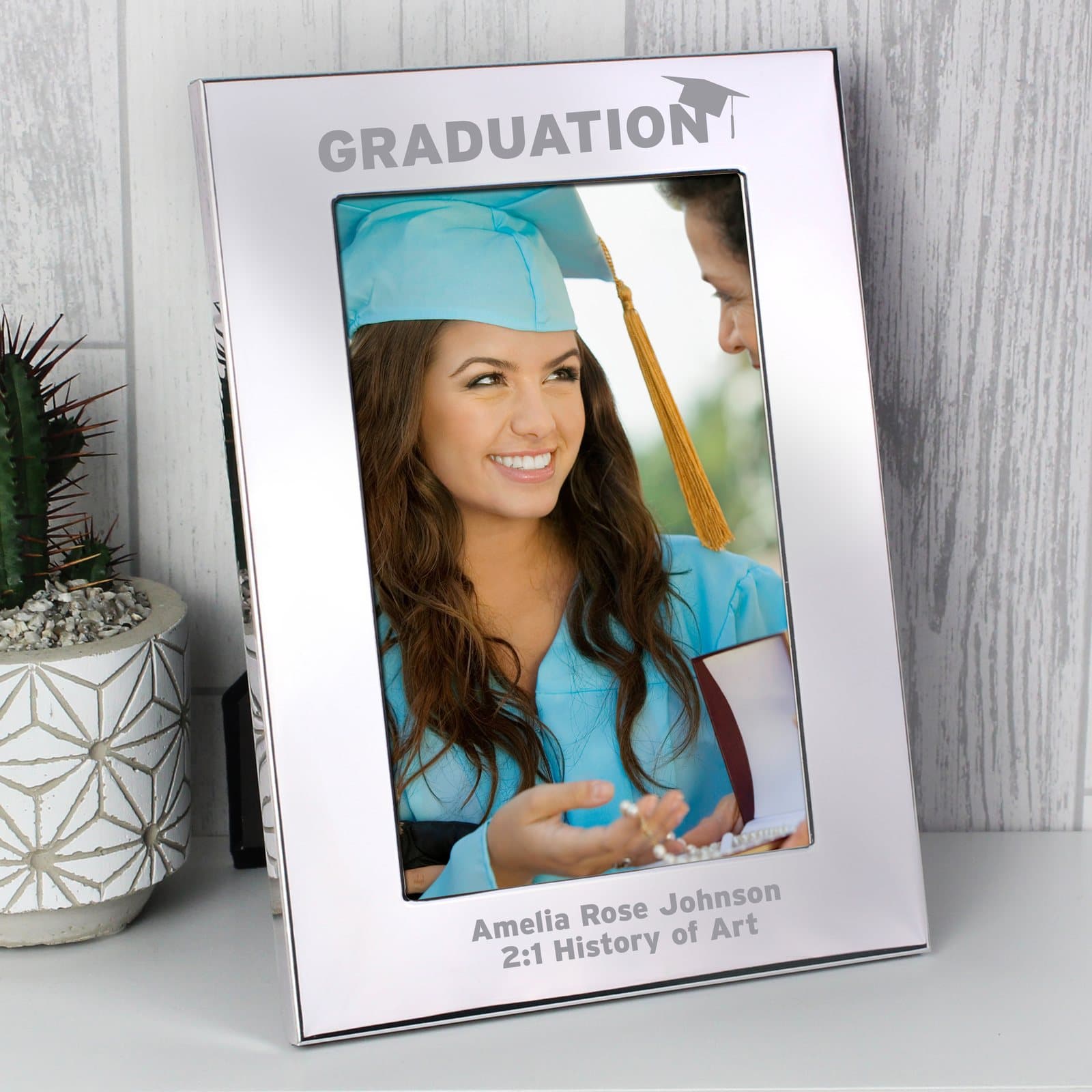 Silver personalised graduation photo frame with a message at the bottom