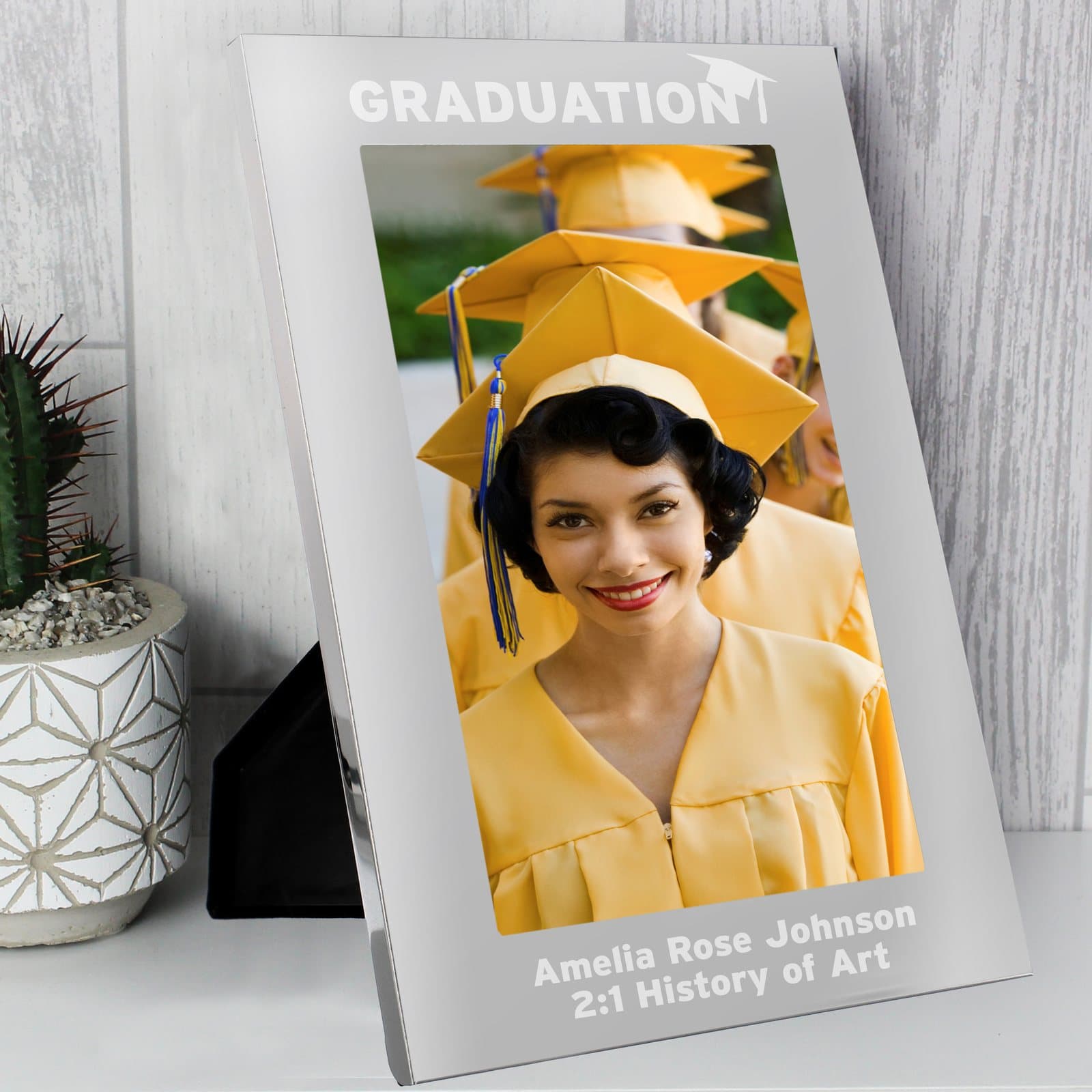 Silver personalised graduation photo frame with a message at the bottom