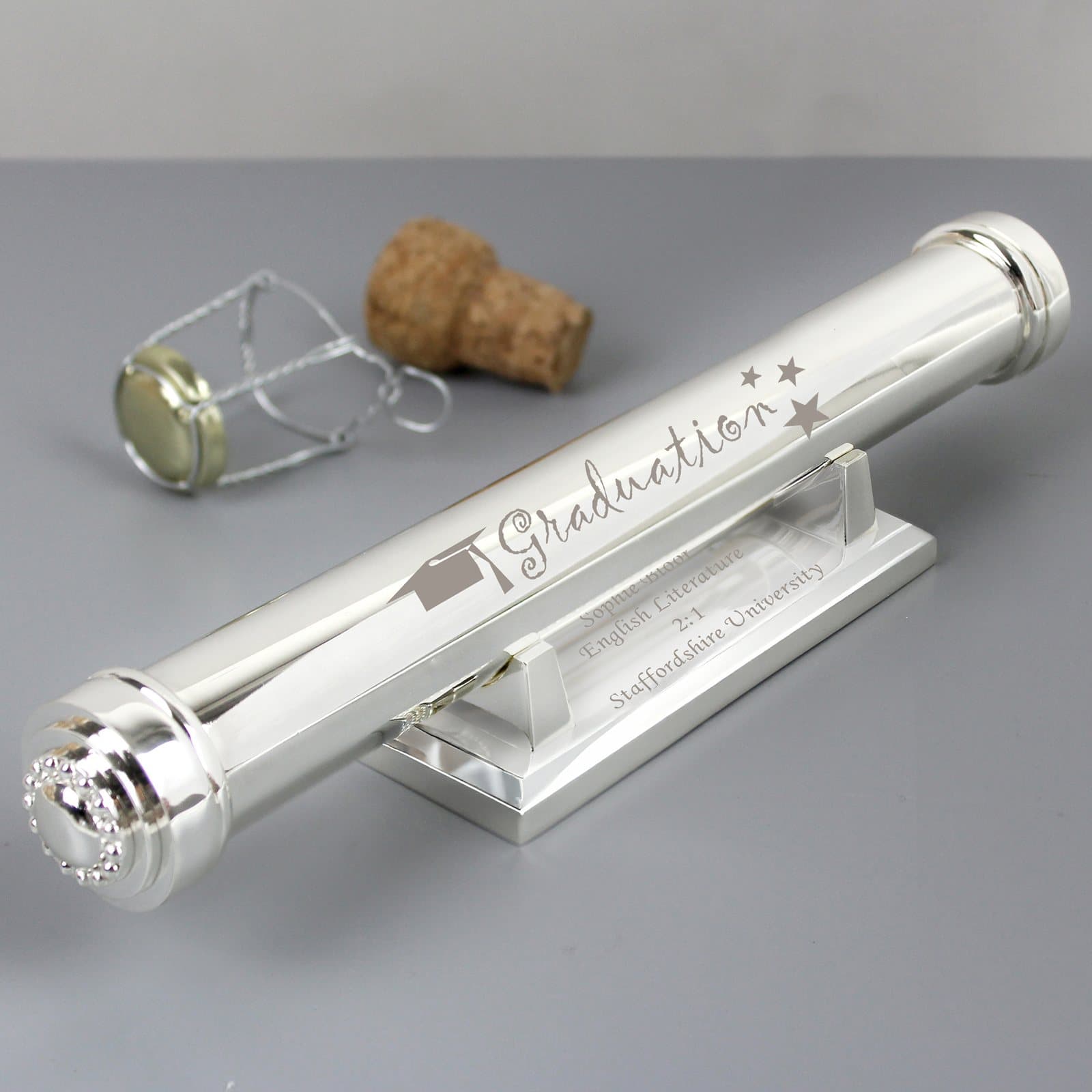 Silver plated graduation certificate holder with a mortar board motif