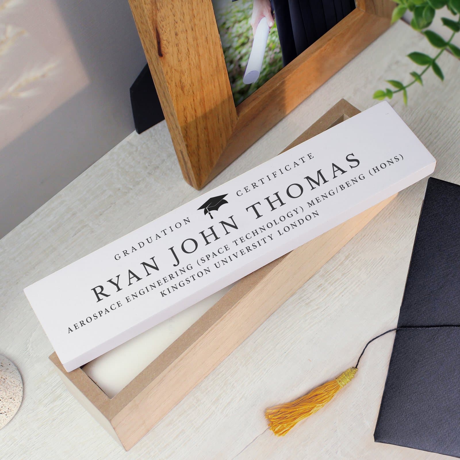 Wooden graduation certificate holder with a hand finished lid