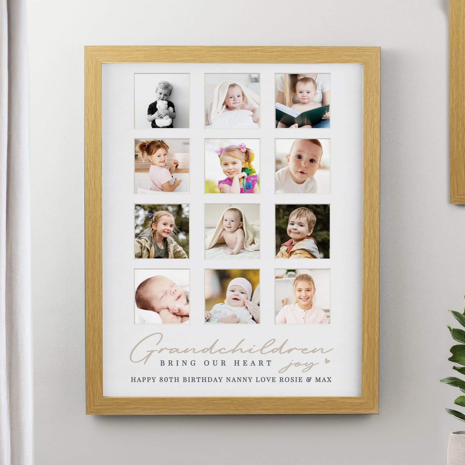 Large oak multi photo frame with 12 photo spaces and grandchildren text