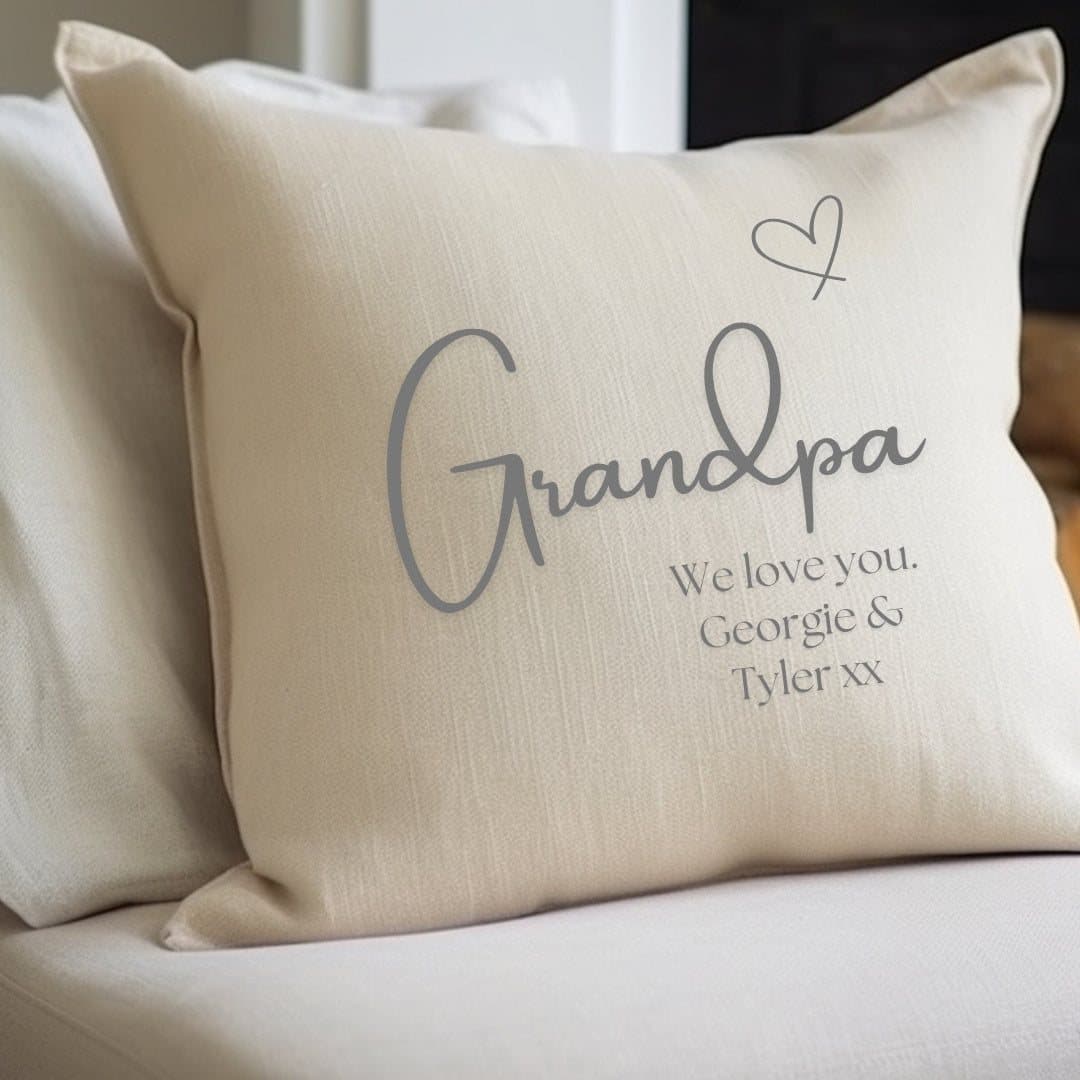 Cream linen-look cushion with a personalised name and message