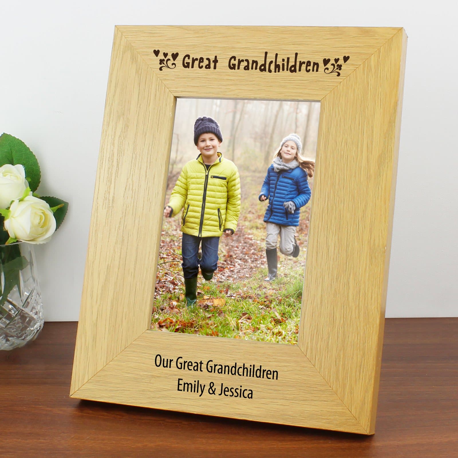Oak finish wooden photo frame with Great Grandchildren text for a portrait photo