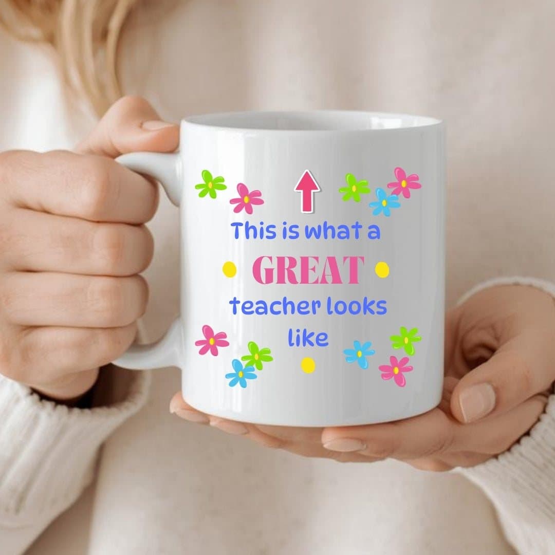 Personalised ceramic teacher mug with a teacher-themed design