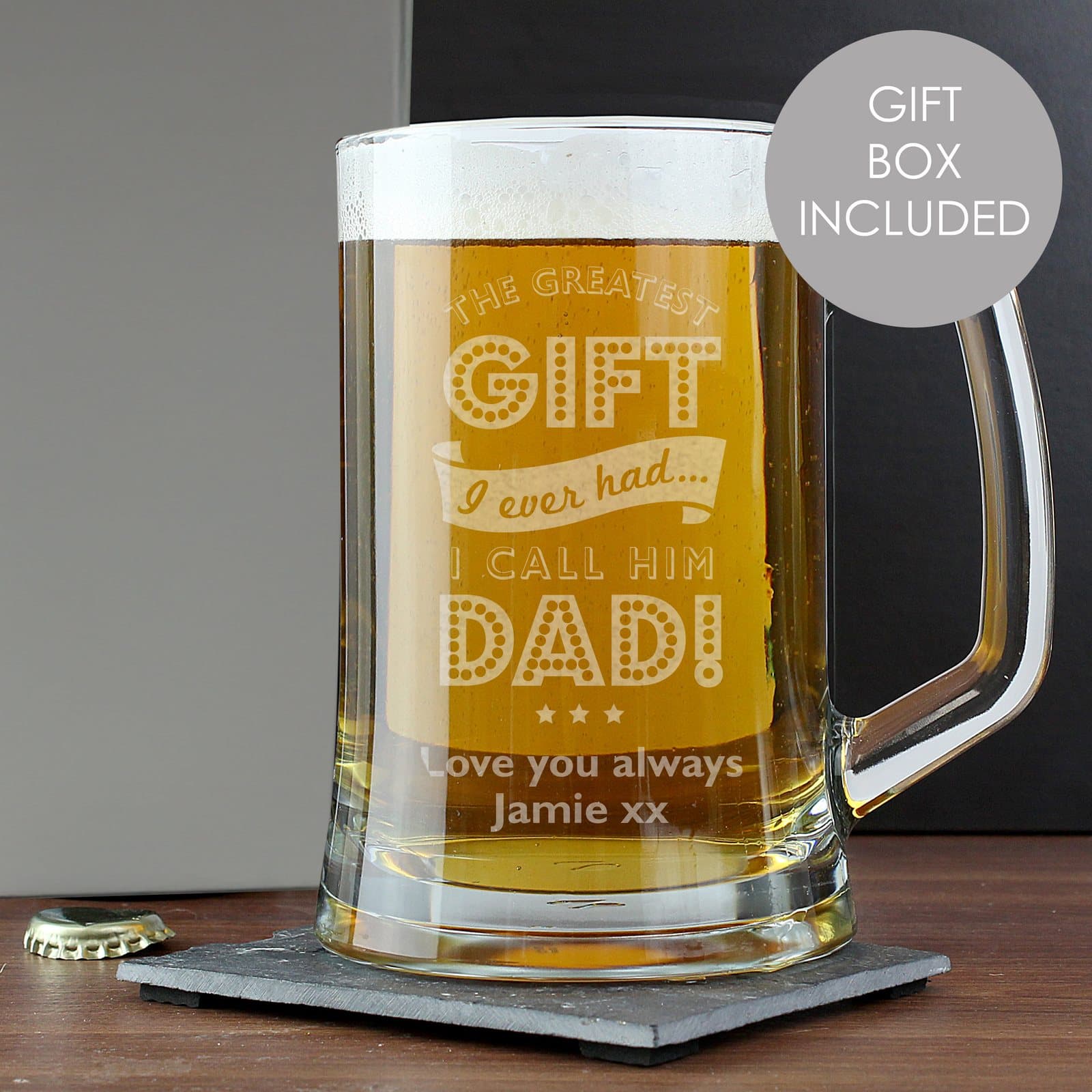 Glass pint stern tankard with personalised lines and the greatest gift dad words