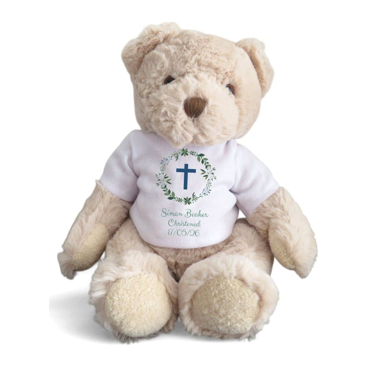 Personalised green christening baby gift set with a baby vest and a teddy bear