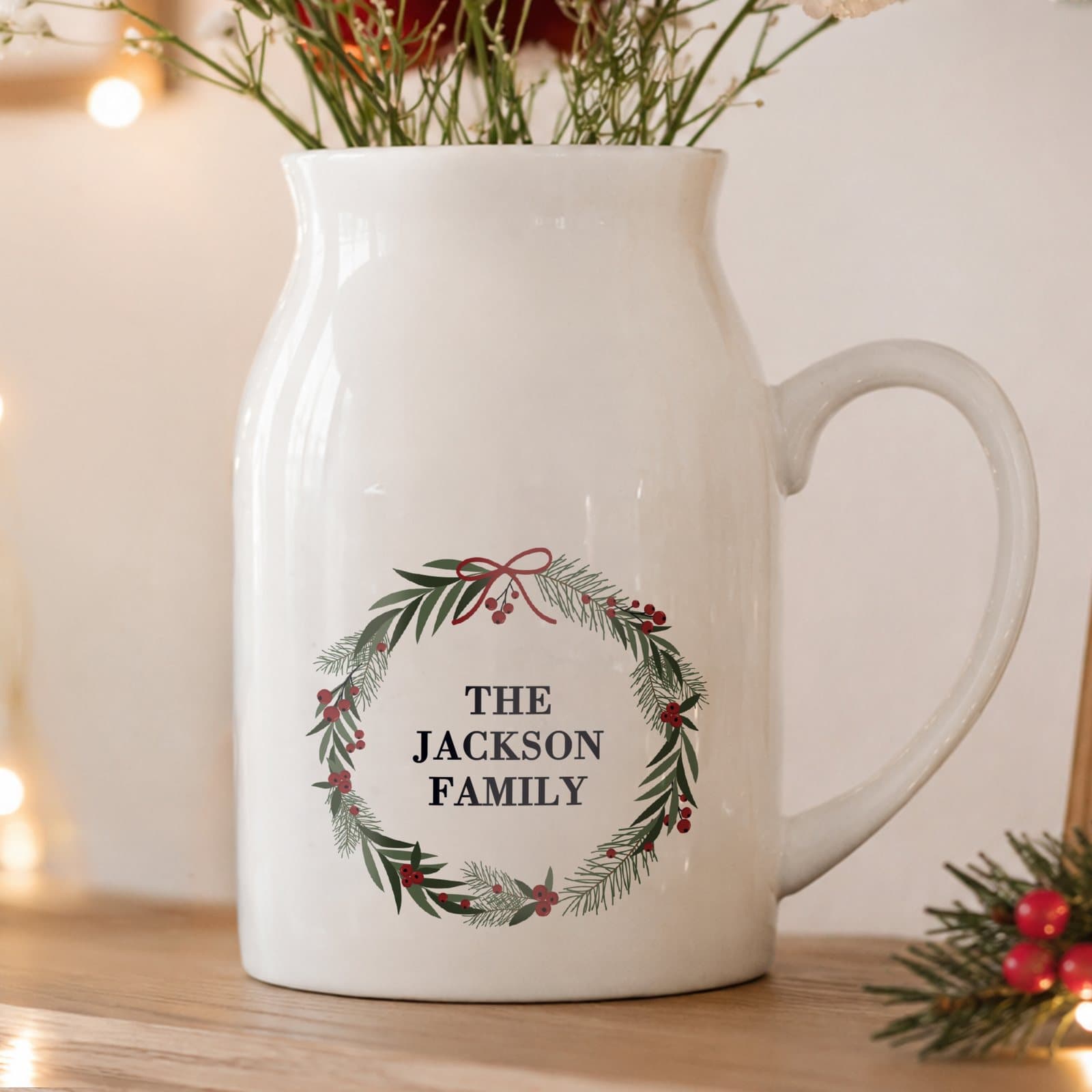 Green Christmas wreath ceramic jug vase with personalised text