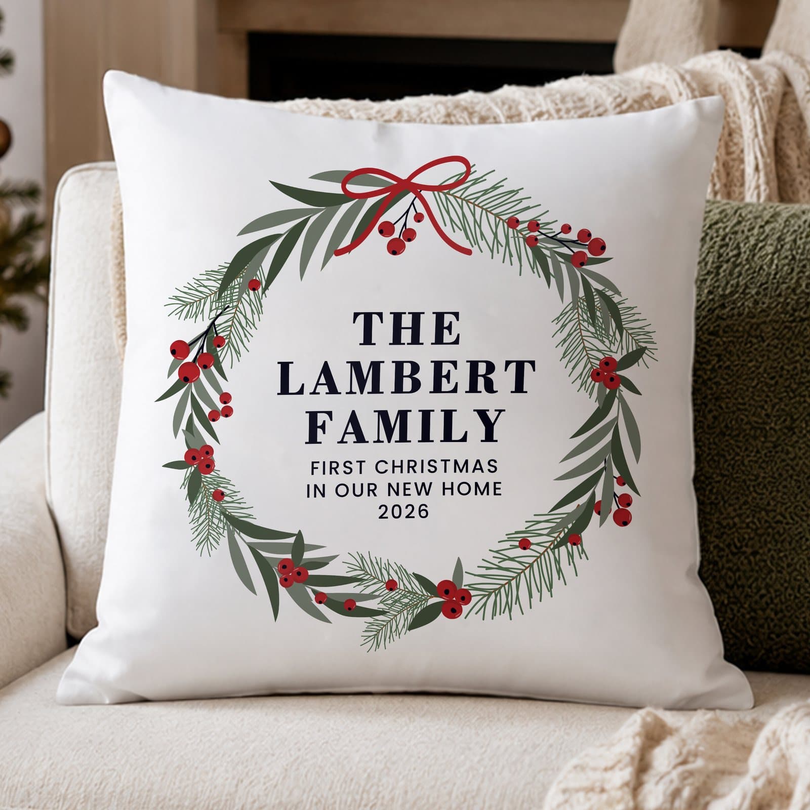 Green Christmas wreath cushion with personalised text lines