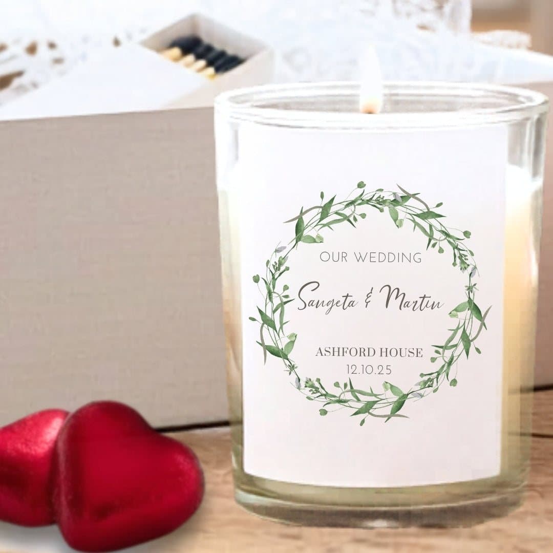 Green floral personalised candle gift set with chocolate hearts and matches
