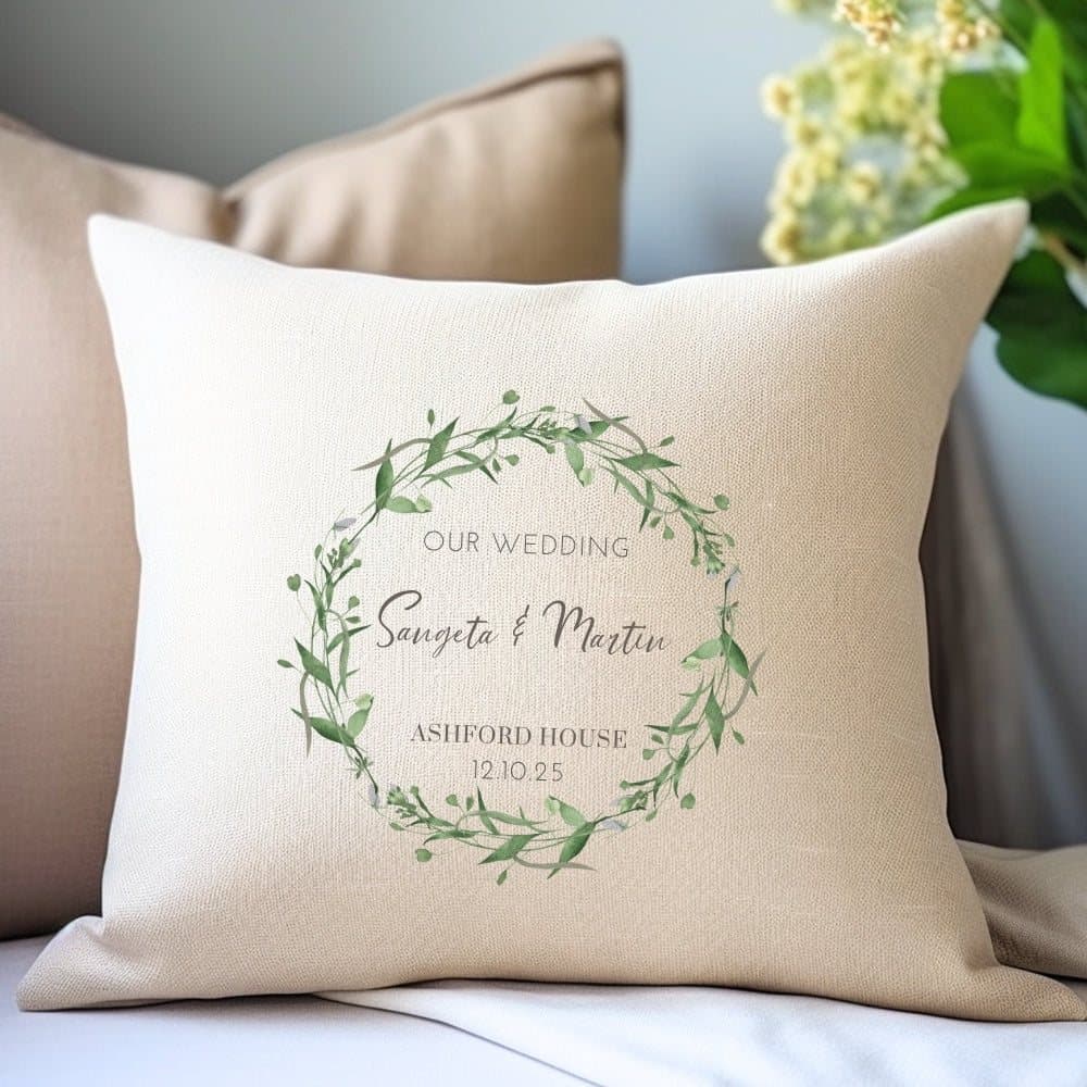 Personalised floral wedding cushion in cream linen-look fabric