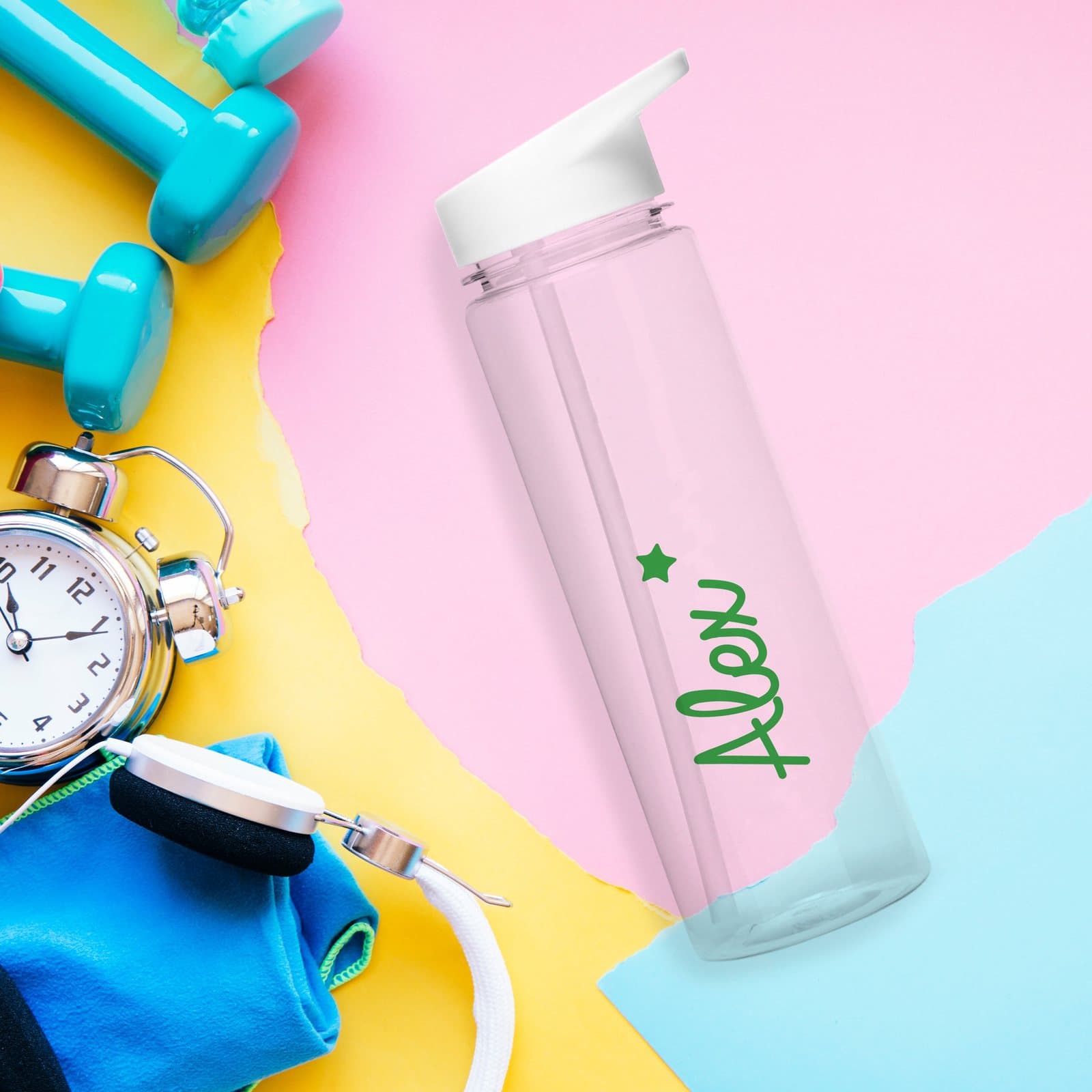 Transparent green star water bottle with white lid and flip-top straw