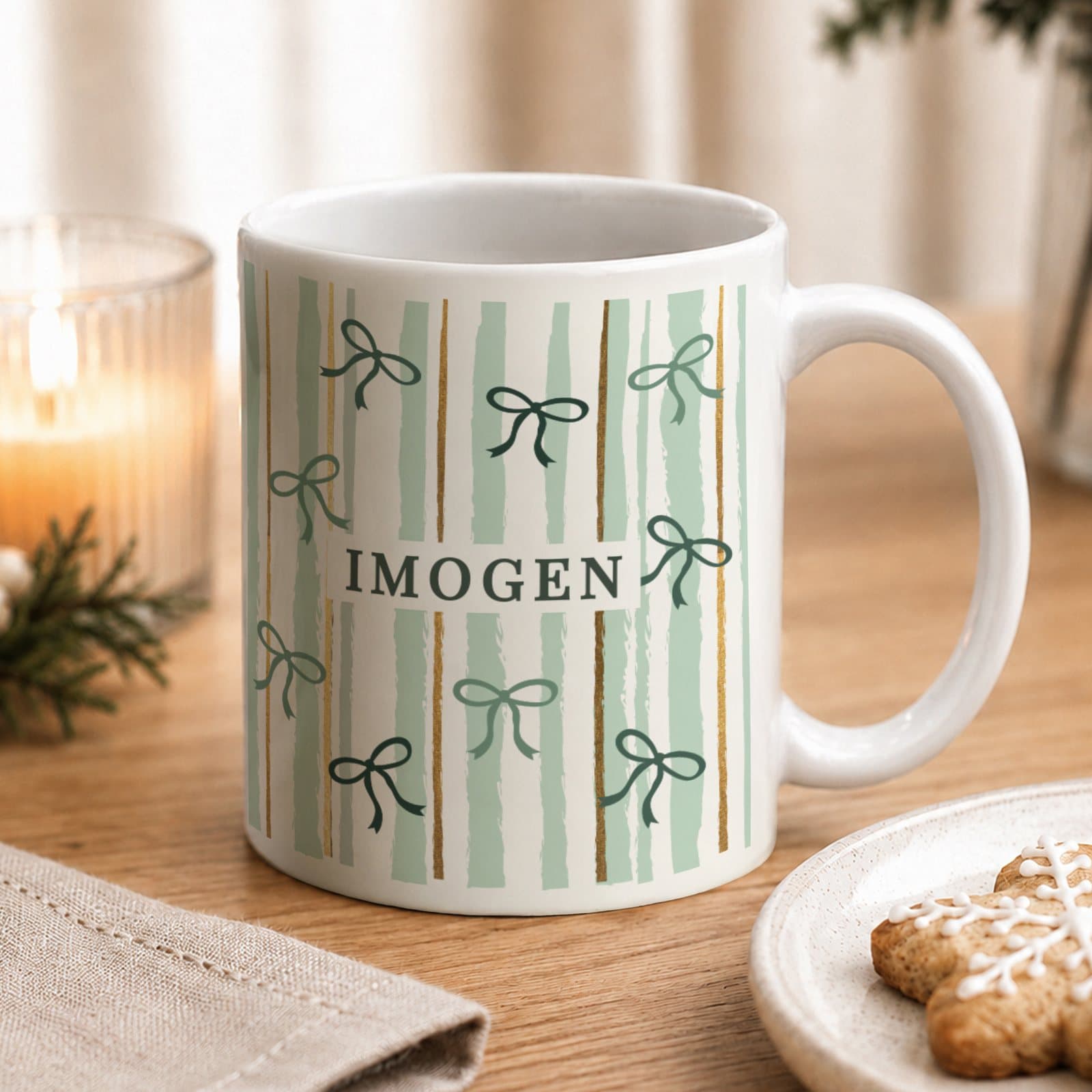 Personalised green stripe bow ceramic mug