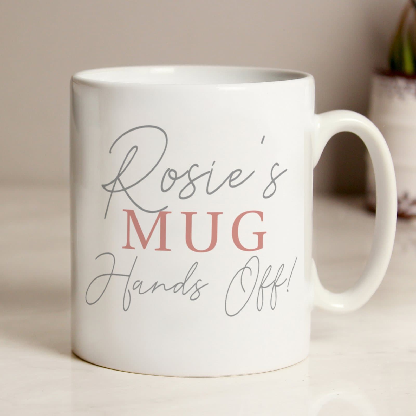 Personalised grey and blush ceramic mug with name and message