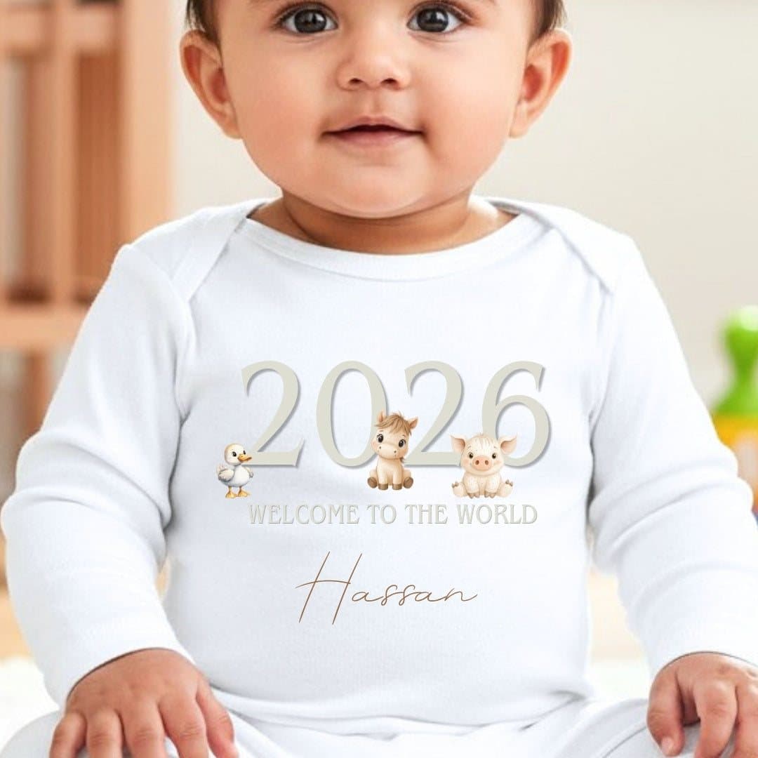 Personalised grey farm animals babygrow with grey-green farm artwork