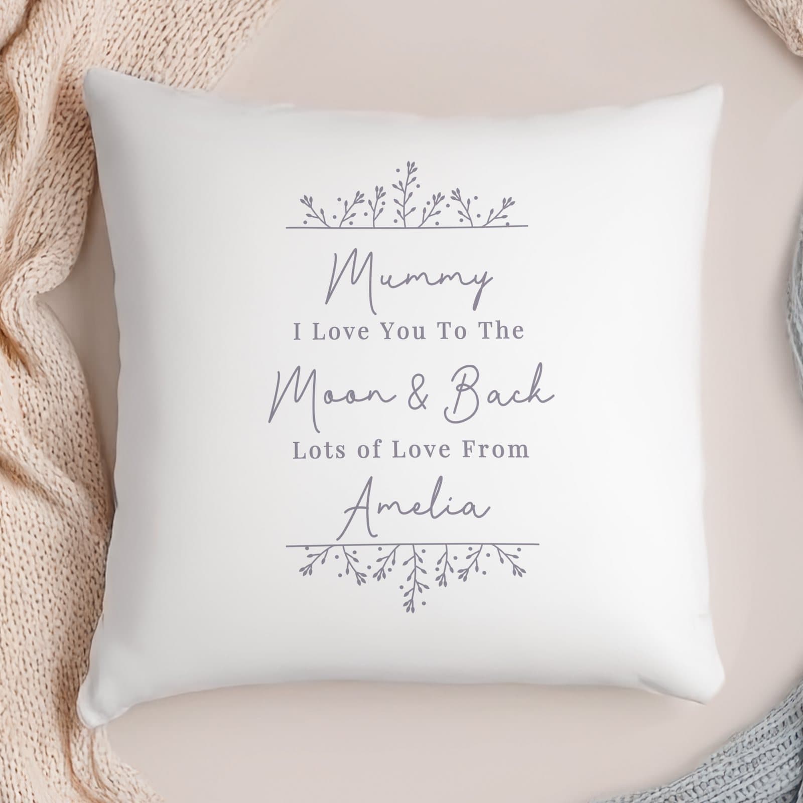 Grey floral cushion with a personalised message