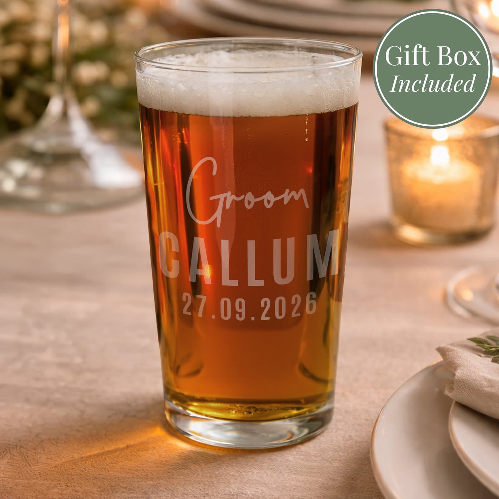 Glass pint glass personalised with two lines of groom text
