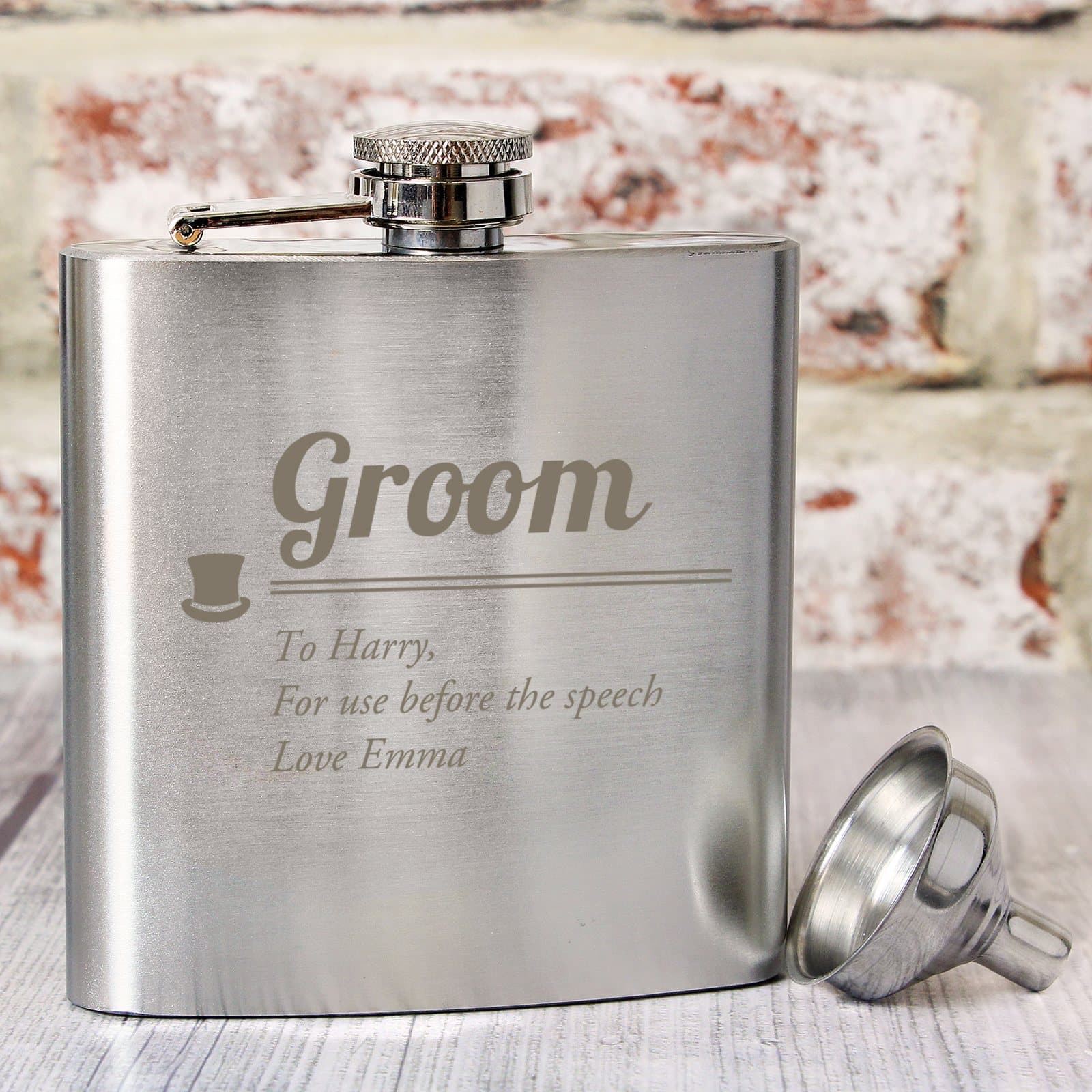 Stainless steel hip flask with the word Groom and a personalised three-line message
