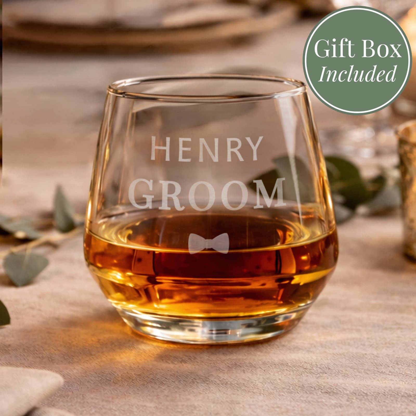 Whisky glass tumbler personalised with Groom and a name