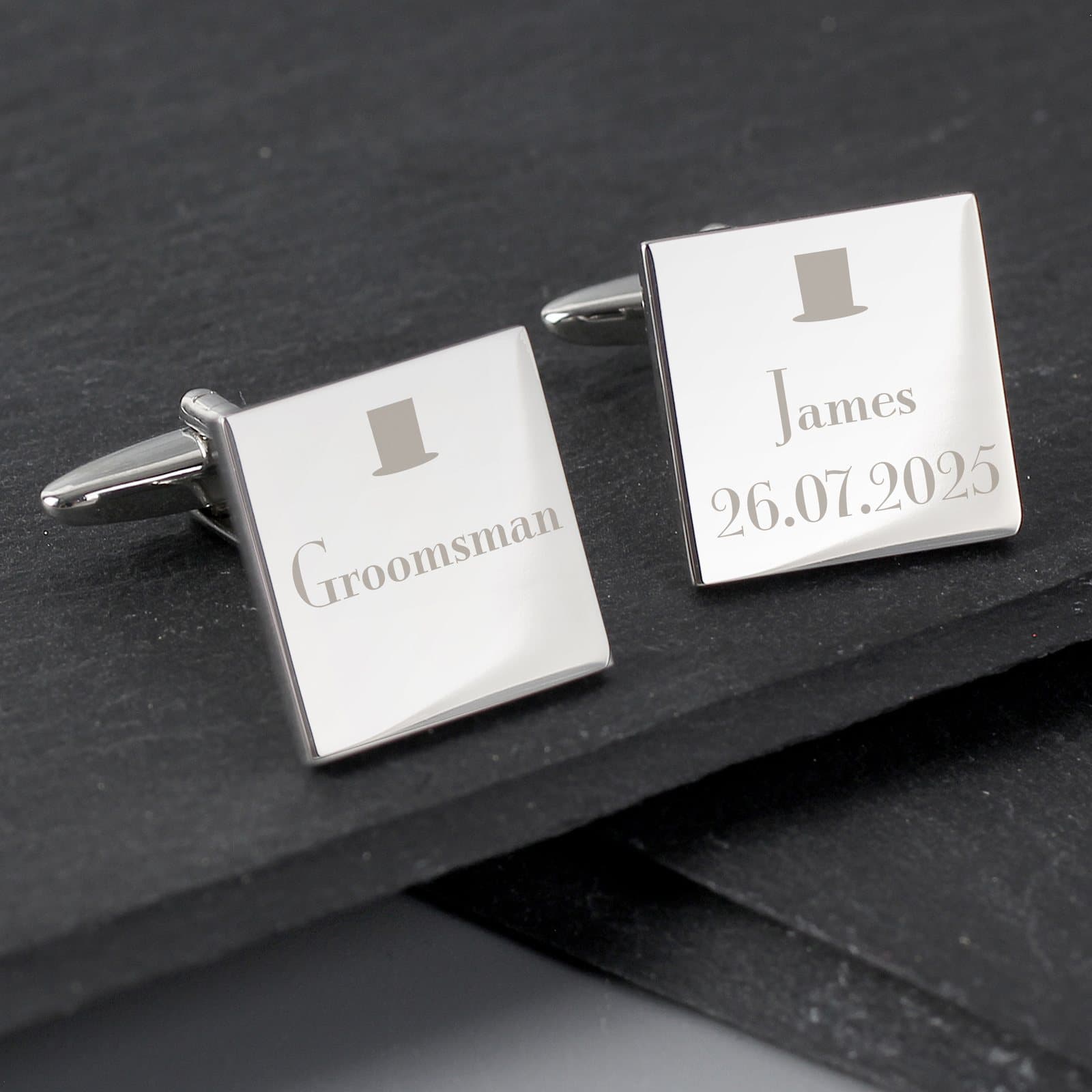 Square groomsman cufflinks in a hard black plastic box