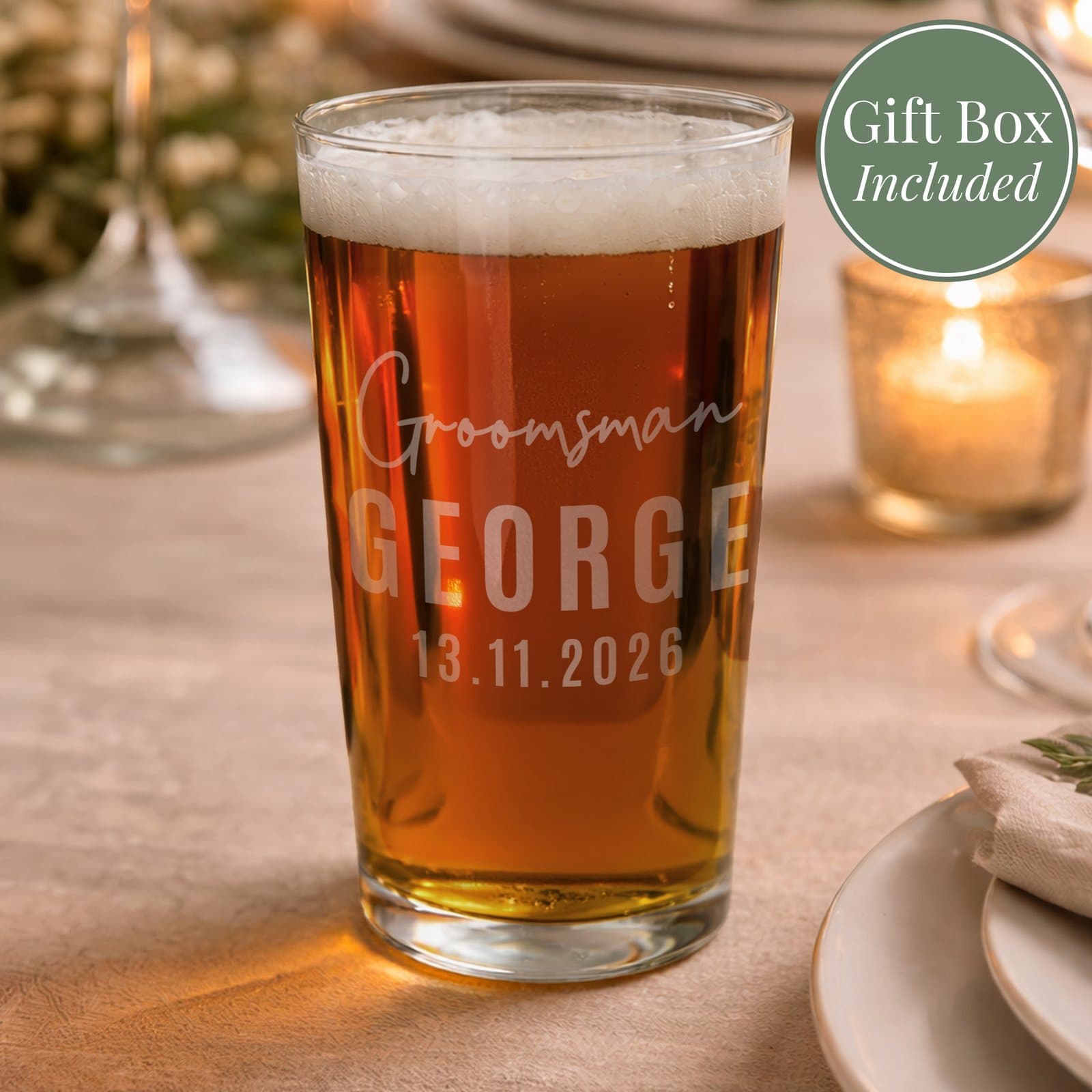 Glass pint glass personalised with two lines for a groomsman