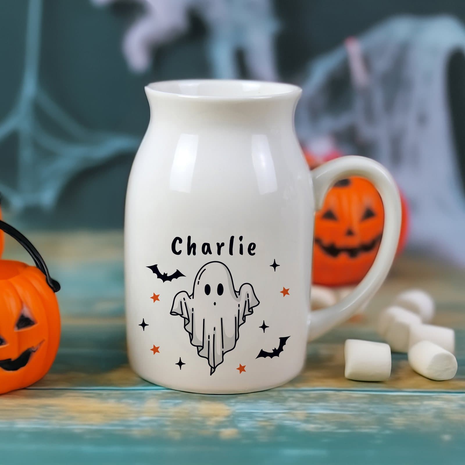 Ceramic Halloween jug with a cheerful ghost and a personalised name