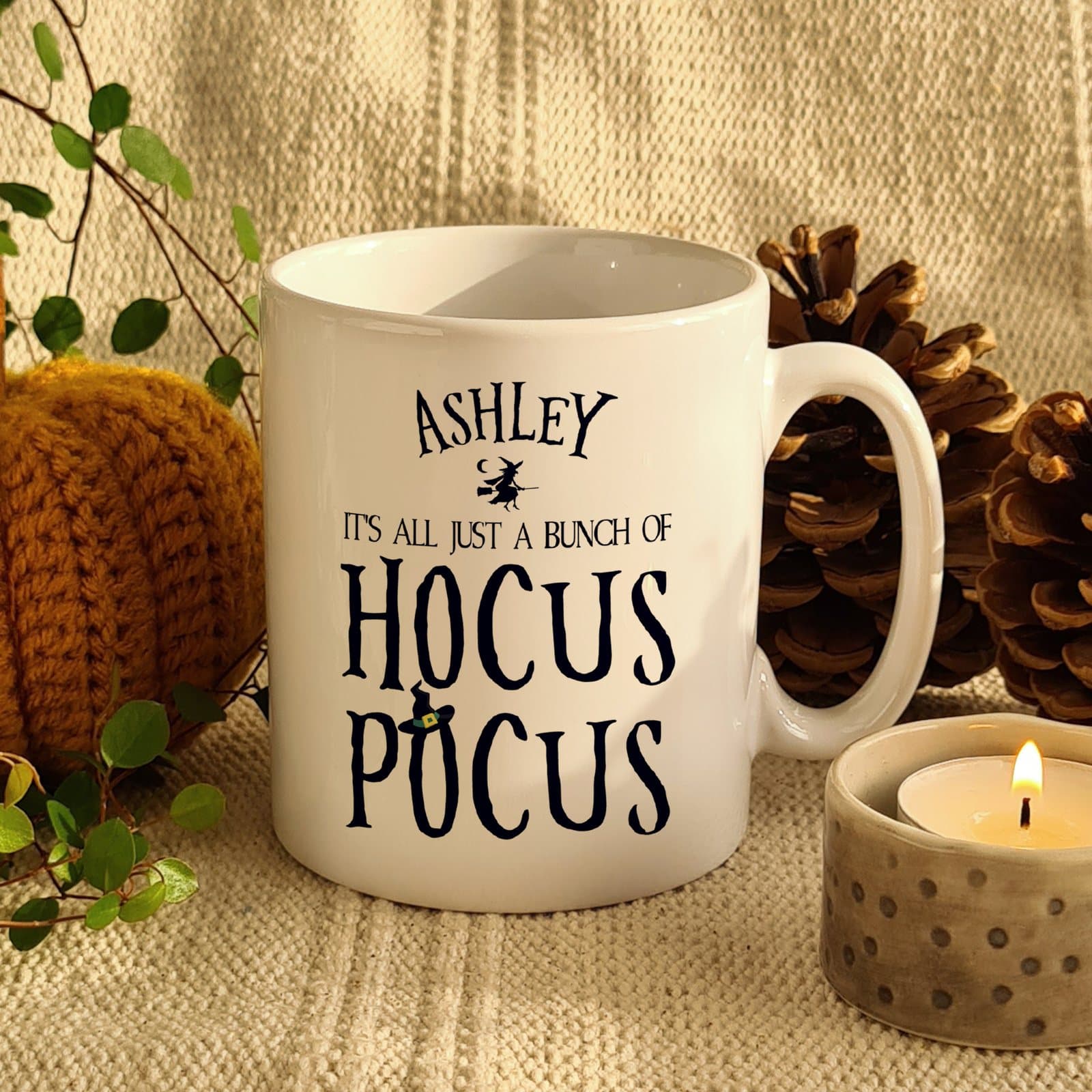 Ceramic Halloween mug with Hocus Pocus text and a personalised name