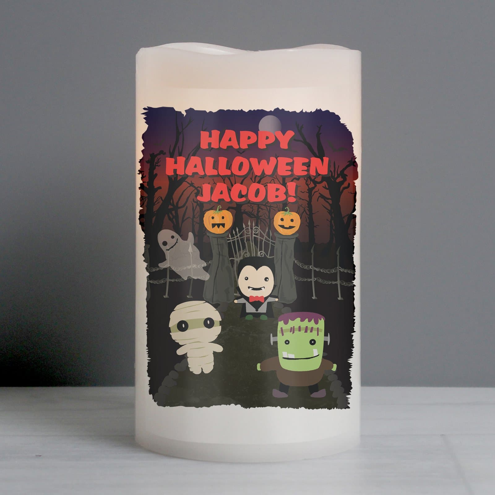 Personalised Halloween LED candle with three lines of text