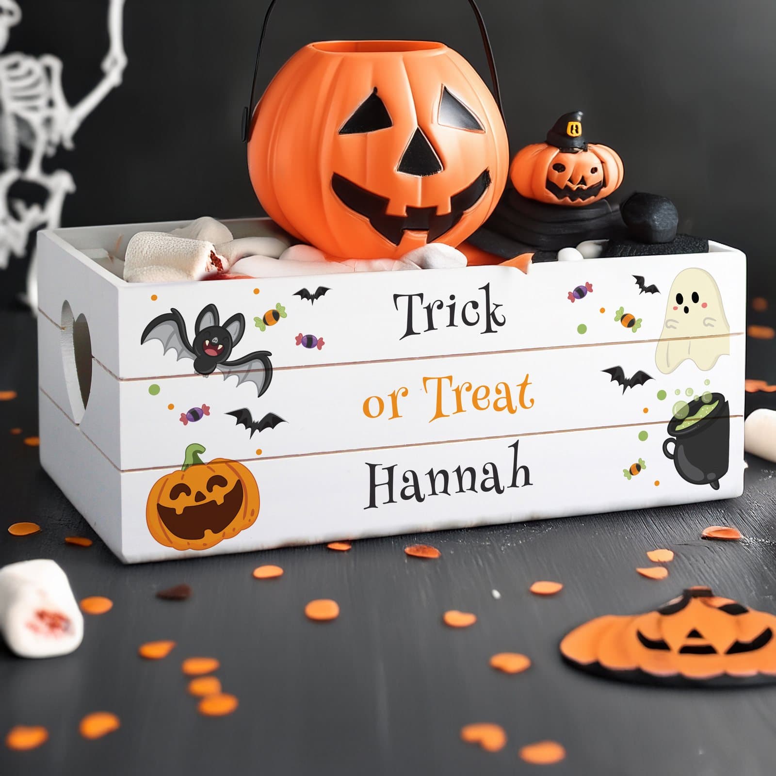 Small reclaimed wood Halloween treats crate with heart shaped handles