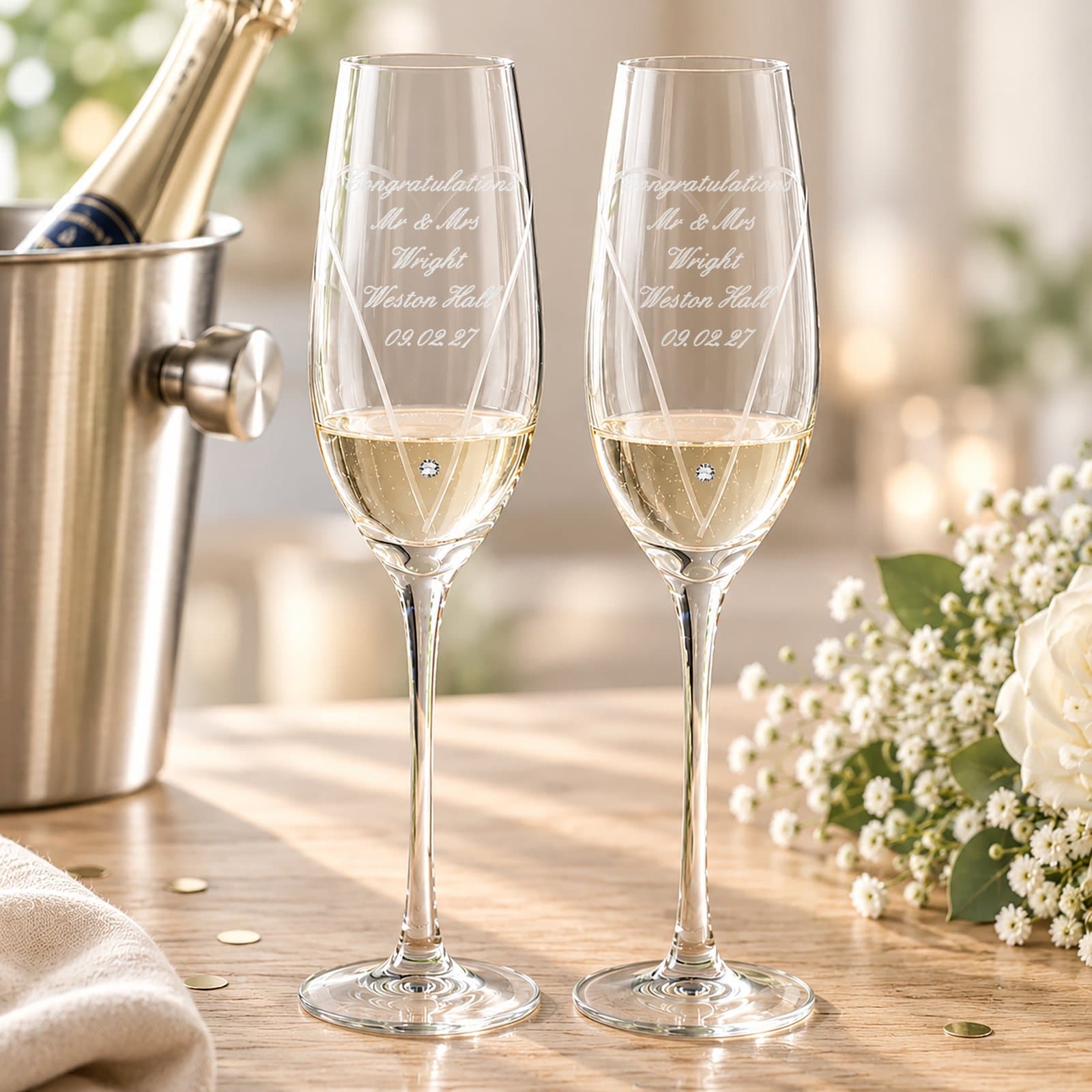 Pair of hand cut heart flutes with a personalised message