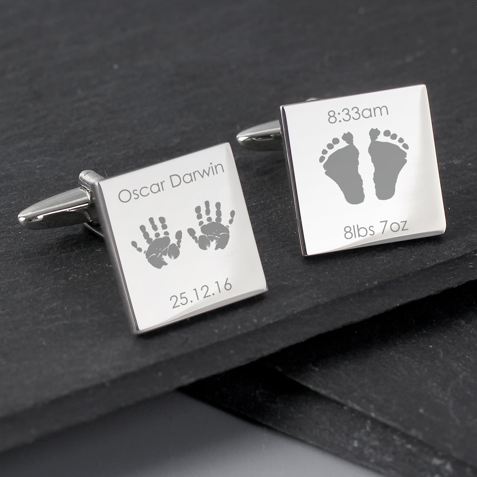 Square hands and feet new baby cufflinks in a black gift box
