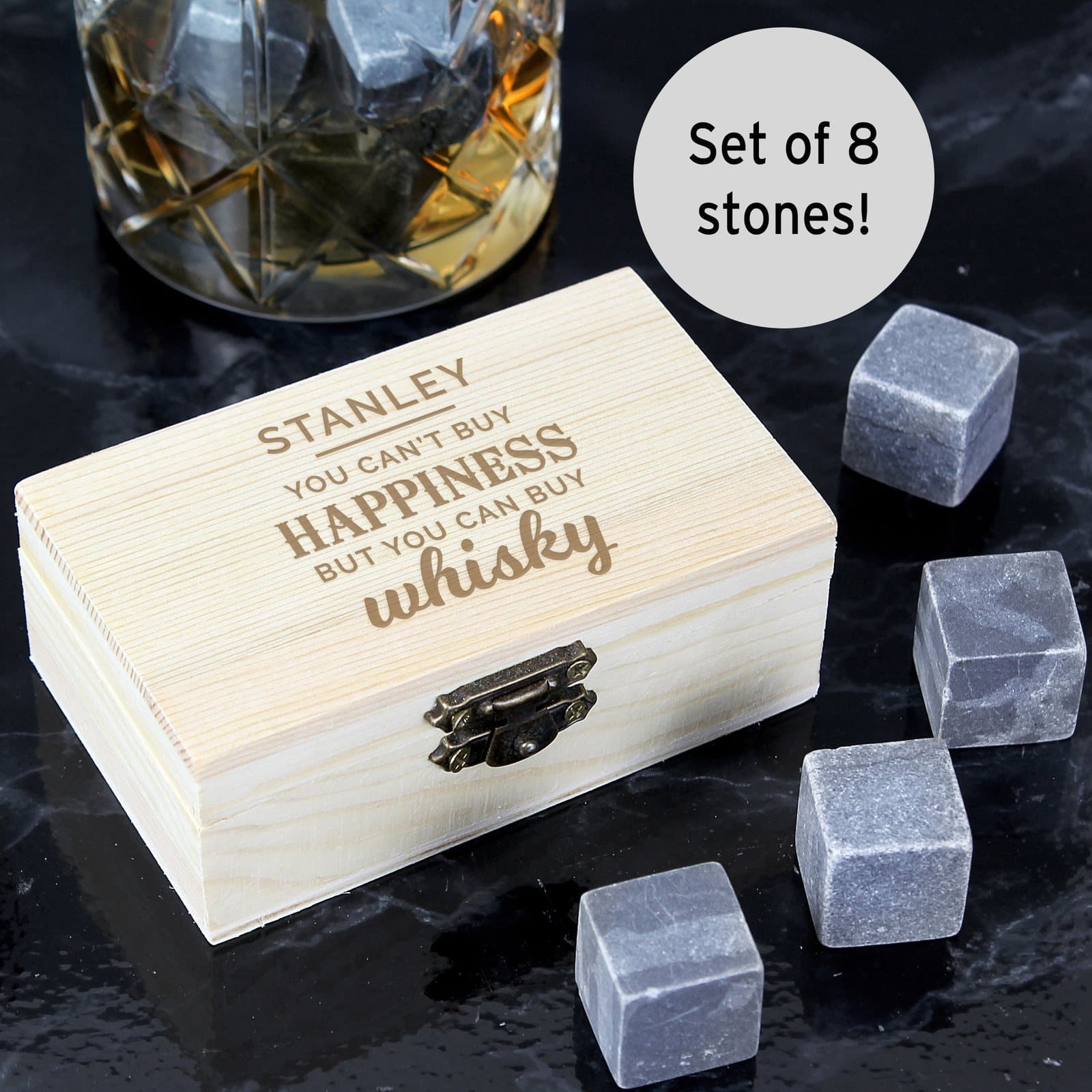 Whisky stones in a wooden clasp box with personalised text
