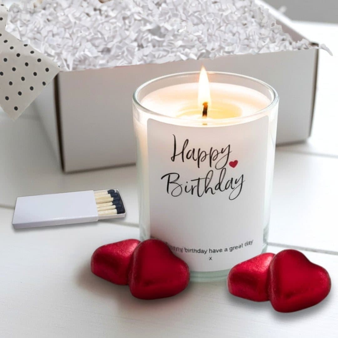 Personalised birthday candle gift set with red foiled chocolate hearts and matches.
