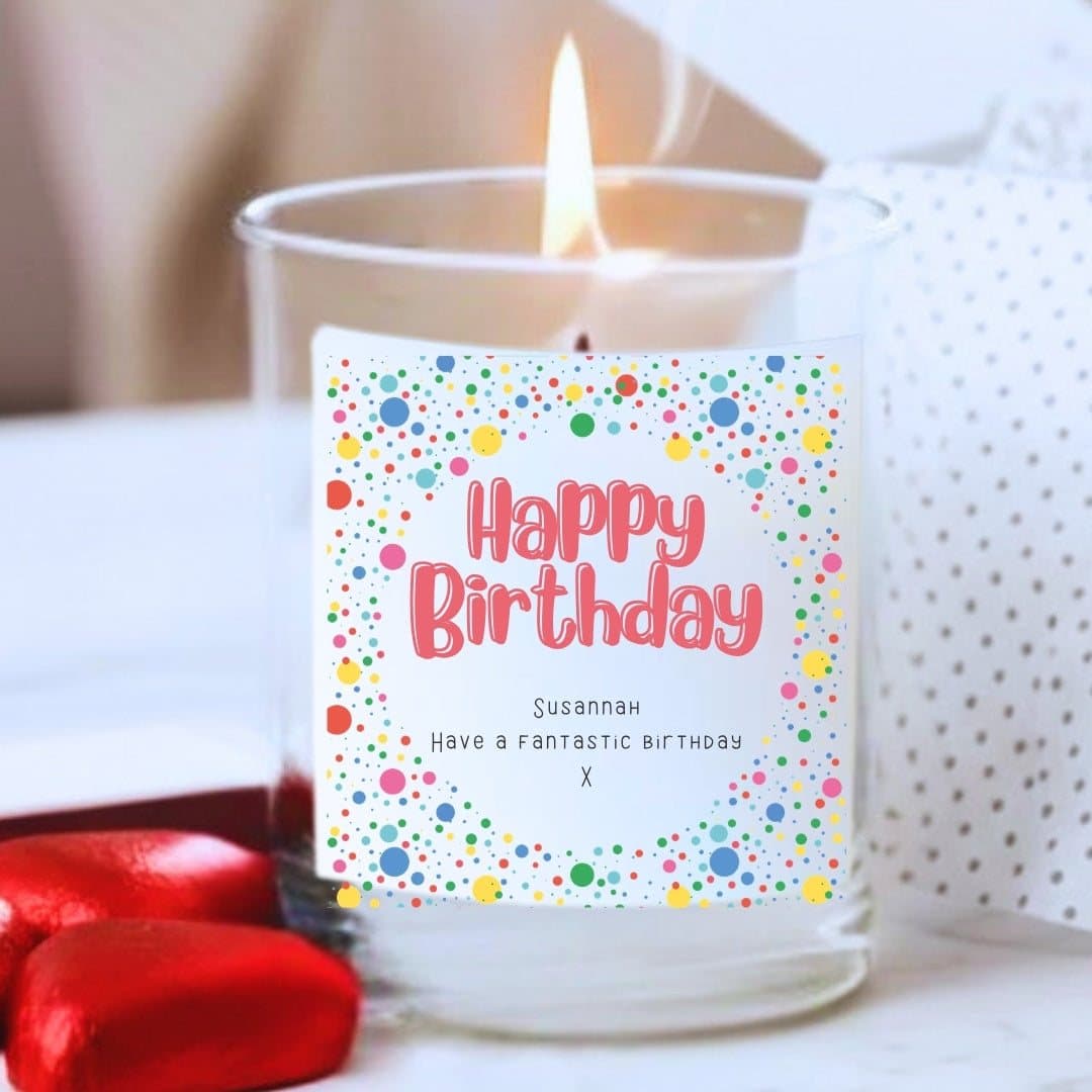 Personalised Happy Birthday candle gift set with a bright dotty design, in a gift set.