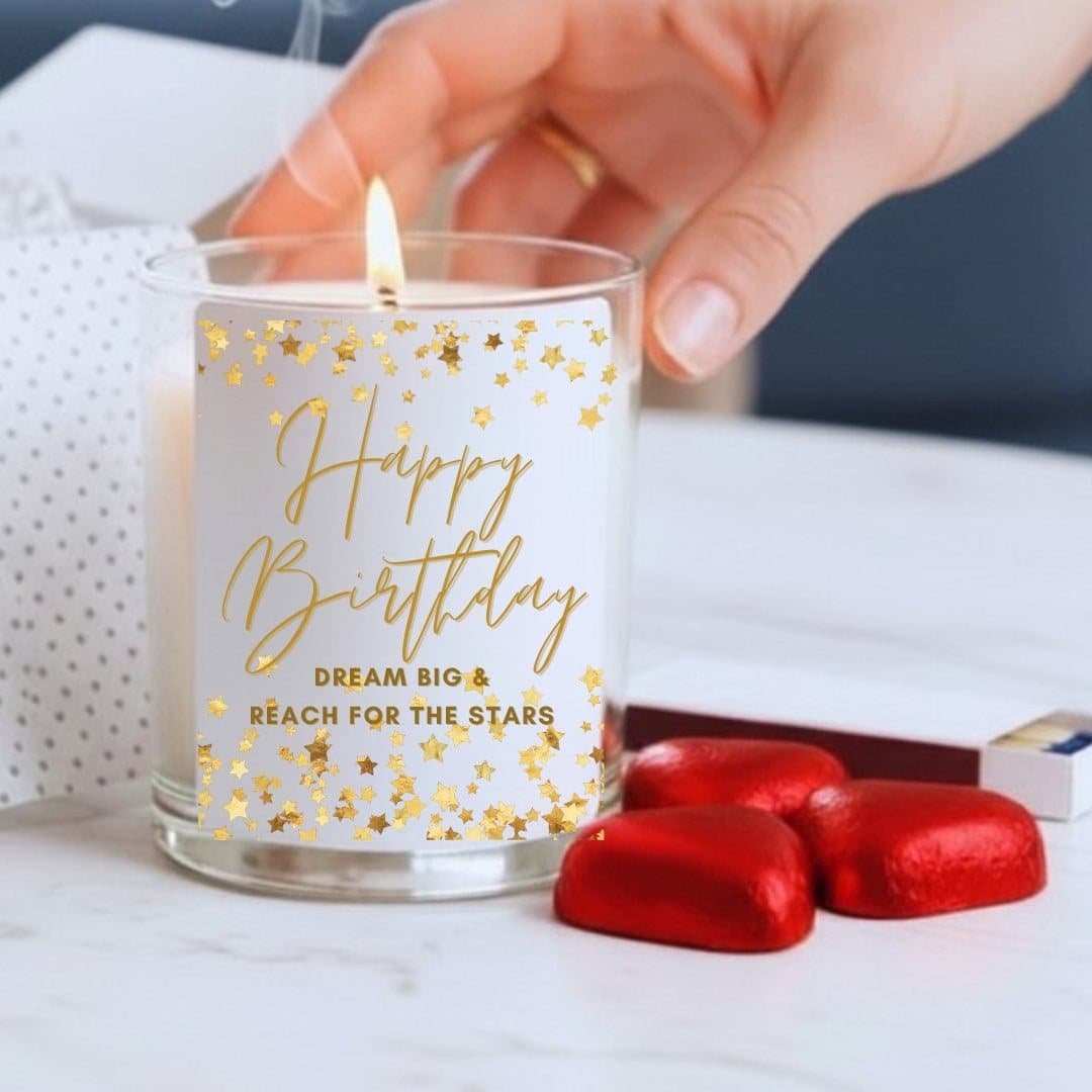 Happy birthday candle gift set with golden stars and the words Dream Big