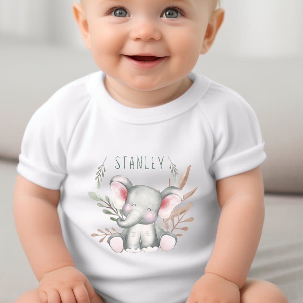 Personalised Happy Elephant baby gift box with a teddy bear and a baby vest